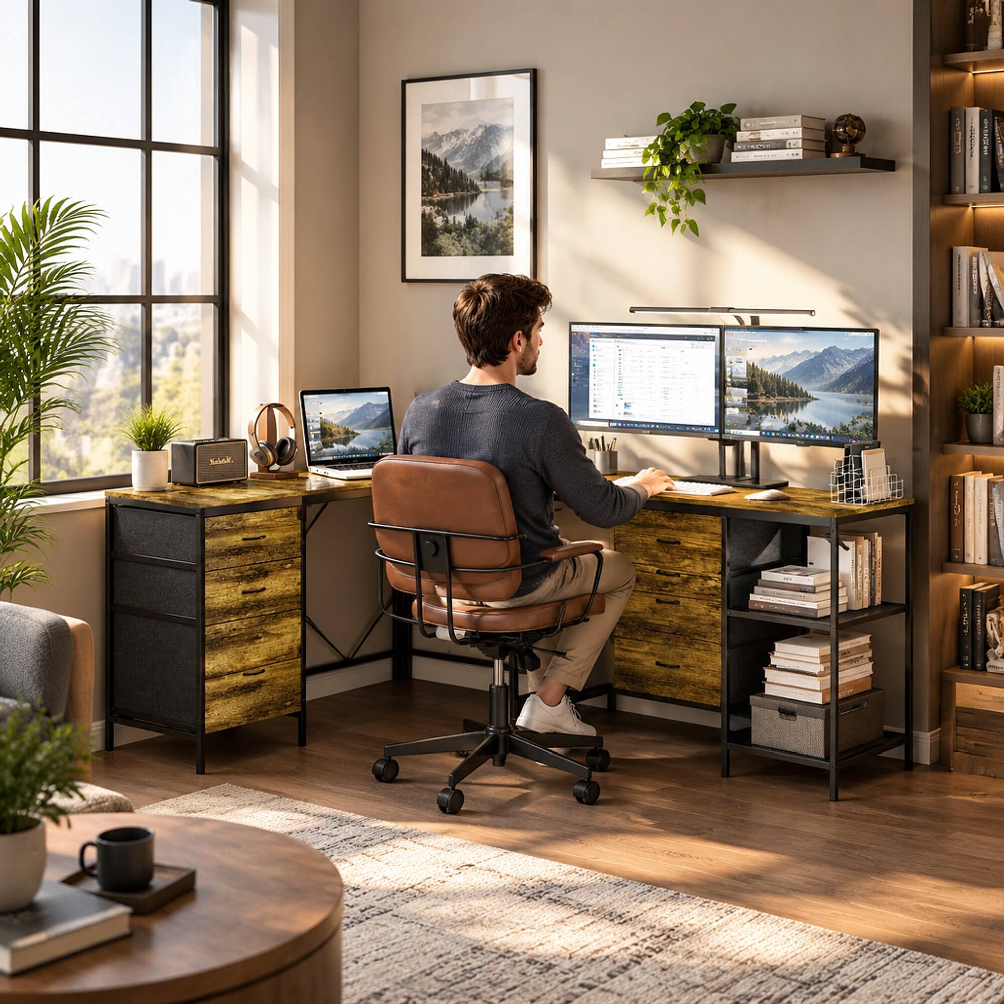 Angle. RYHNUYNE - 114 inch L-Shaped Desk, Industrial Home Office Desk with Power Hub, 6 Drawers, 3 Shelves, Removable Monitor Stand - Brown.