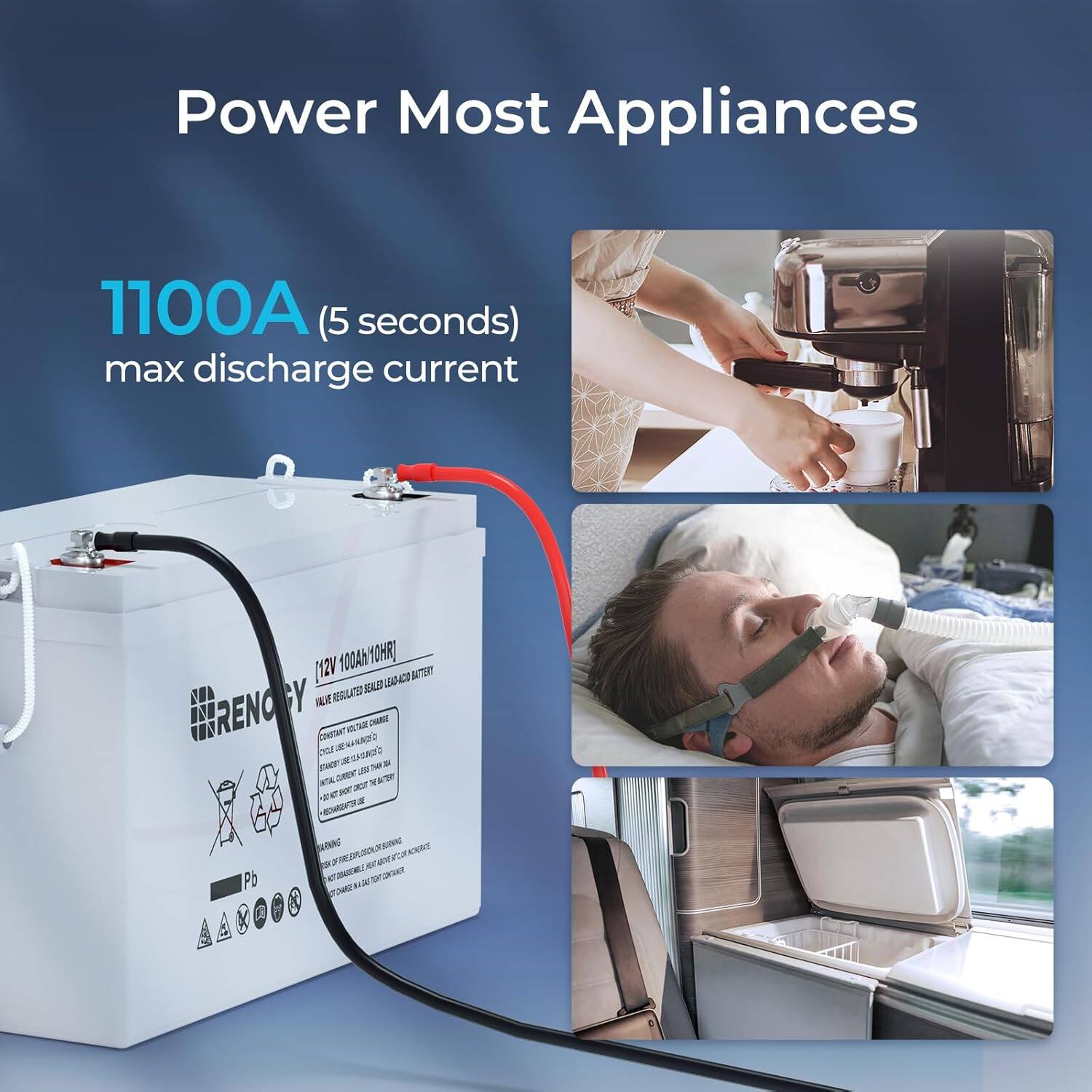 Power Most Appliances 1100A (5 seconds) max discharge current 8 (12V 1010R) 100A BTUT sAS VOACO NOA Y A  W RENO COITAT no DMANT  NAZO  IPIRE rx Tan - CAe 50 NTA  Nao me - - EMr P X  AONG un ACERT 30 - a - 2 2 A A A