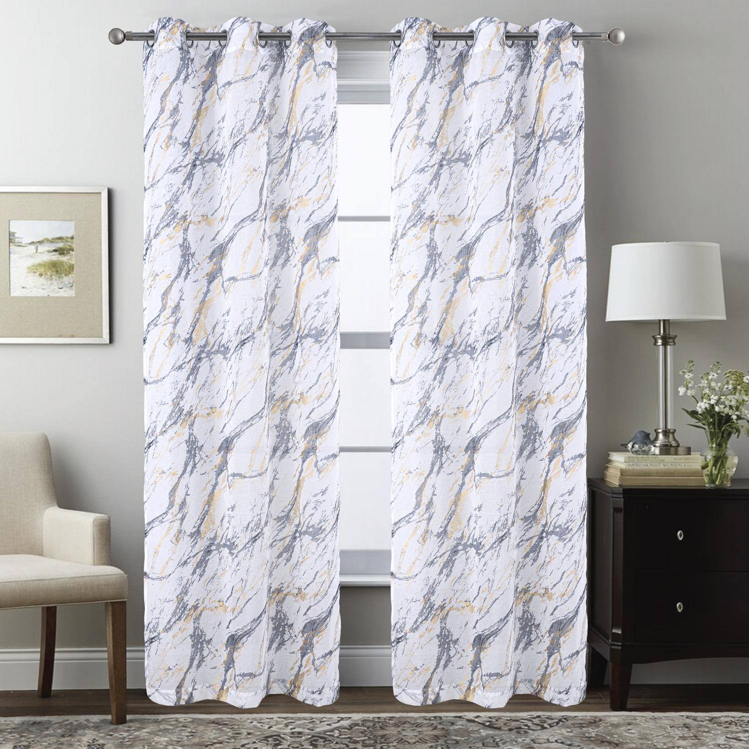 Angle. RT Designers Collection - RT Designers Collection Marble Grommet Metallic Sheer Printed Doily Curtain Panel 54" x 90" Grey - Grey.