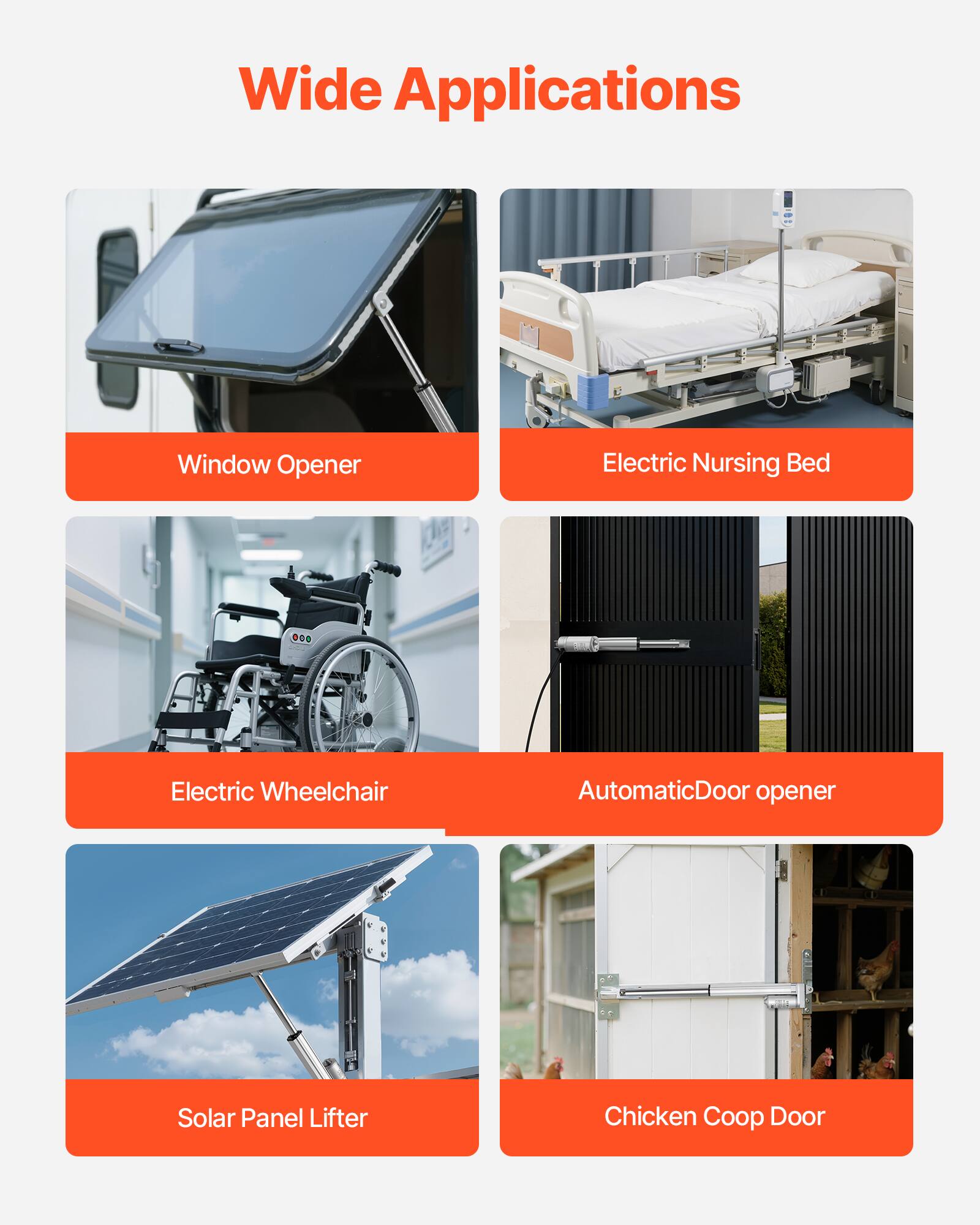 Wide Applications

- Window Opener
- Electric Nursing Bed
- Electric Wheelchair
- Automatic Door Opener
- Solar Panel Lifter
- Chicken Coop Door