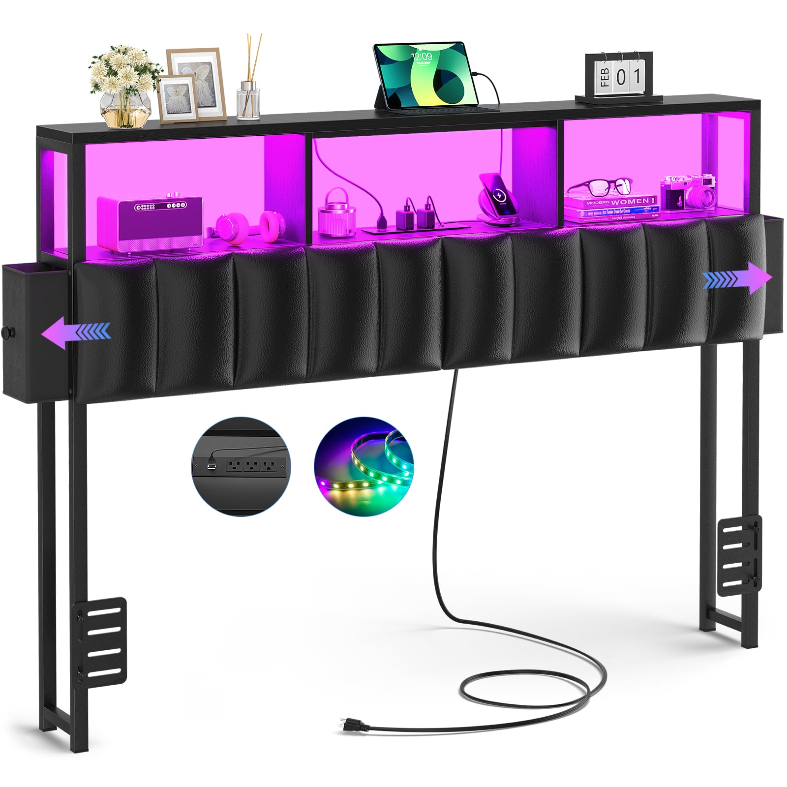 Aheaplus - Full Upholstered Headboard with Charging Station, LED Light, and 2 Drawers, Storage Headboard for Bedroom - Black