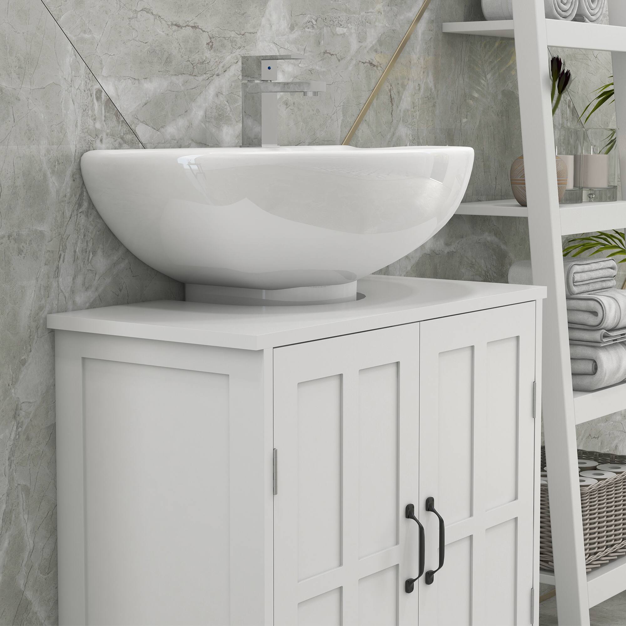 Alt View 7. Kleankin - Pedestal Sink Cabinet w/ 2 Doors, Adjustable Shelf & U-Shape Cut-out - White.