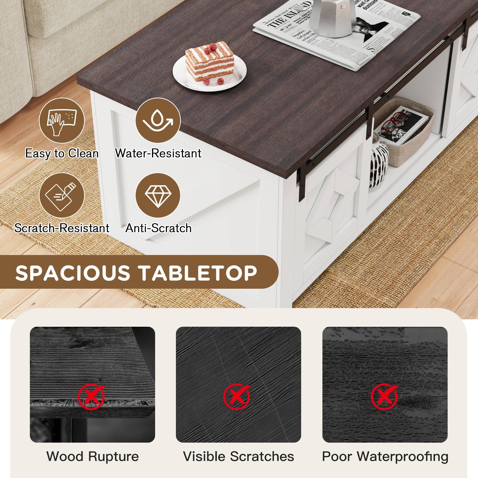 Alt View 1. U-HOMY - Lift Top Coffee Table with Storage and Sliding Barn Doors, Farmhouse Center Table for Living Room - White.