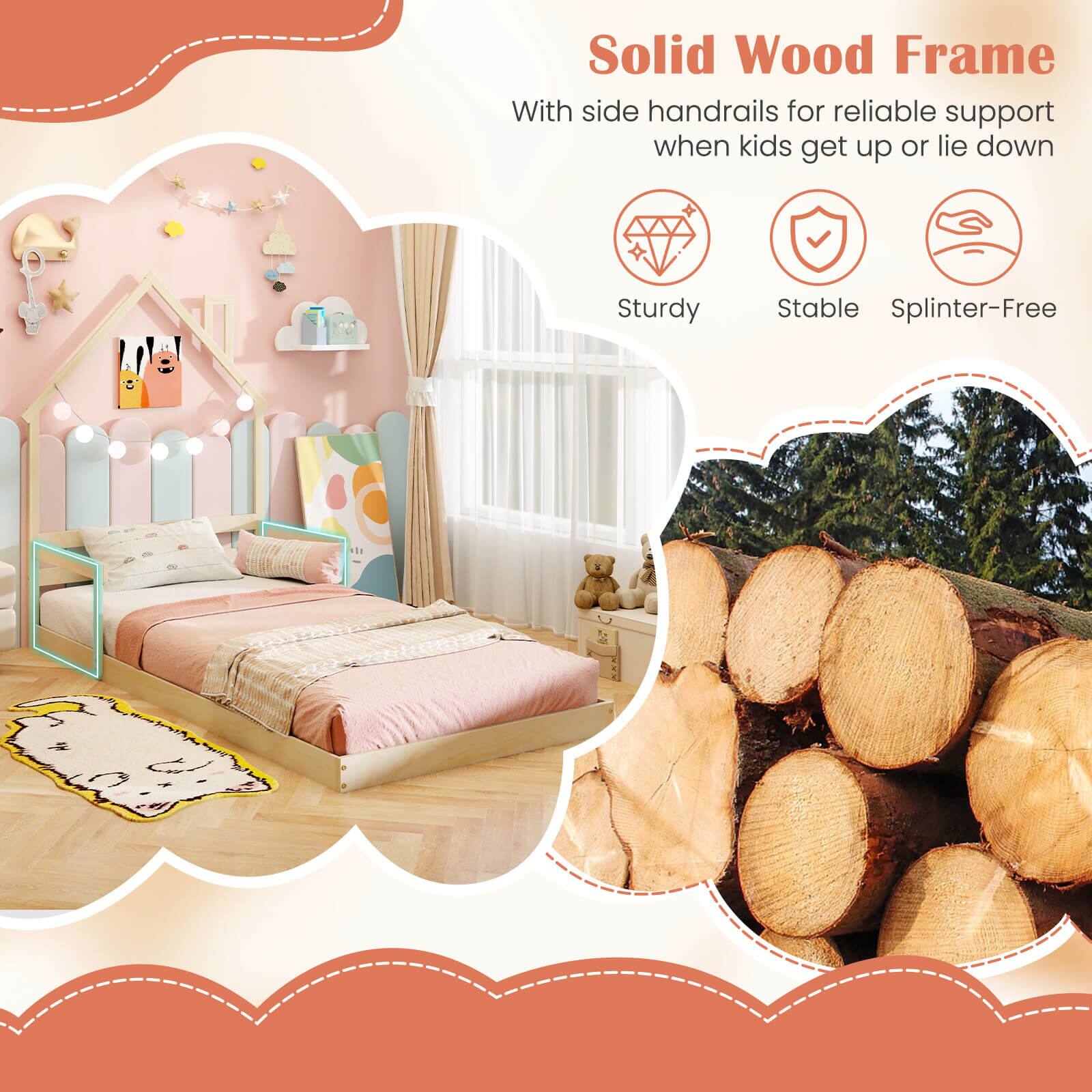 Solid wood frame with side handrails for reliable support when kids get up or lie down. Sturdy and stable splinter-free.