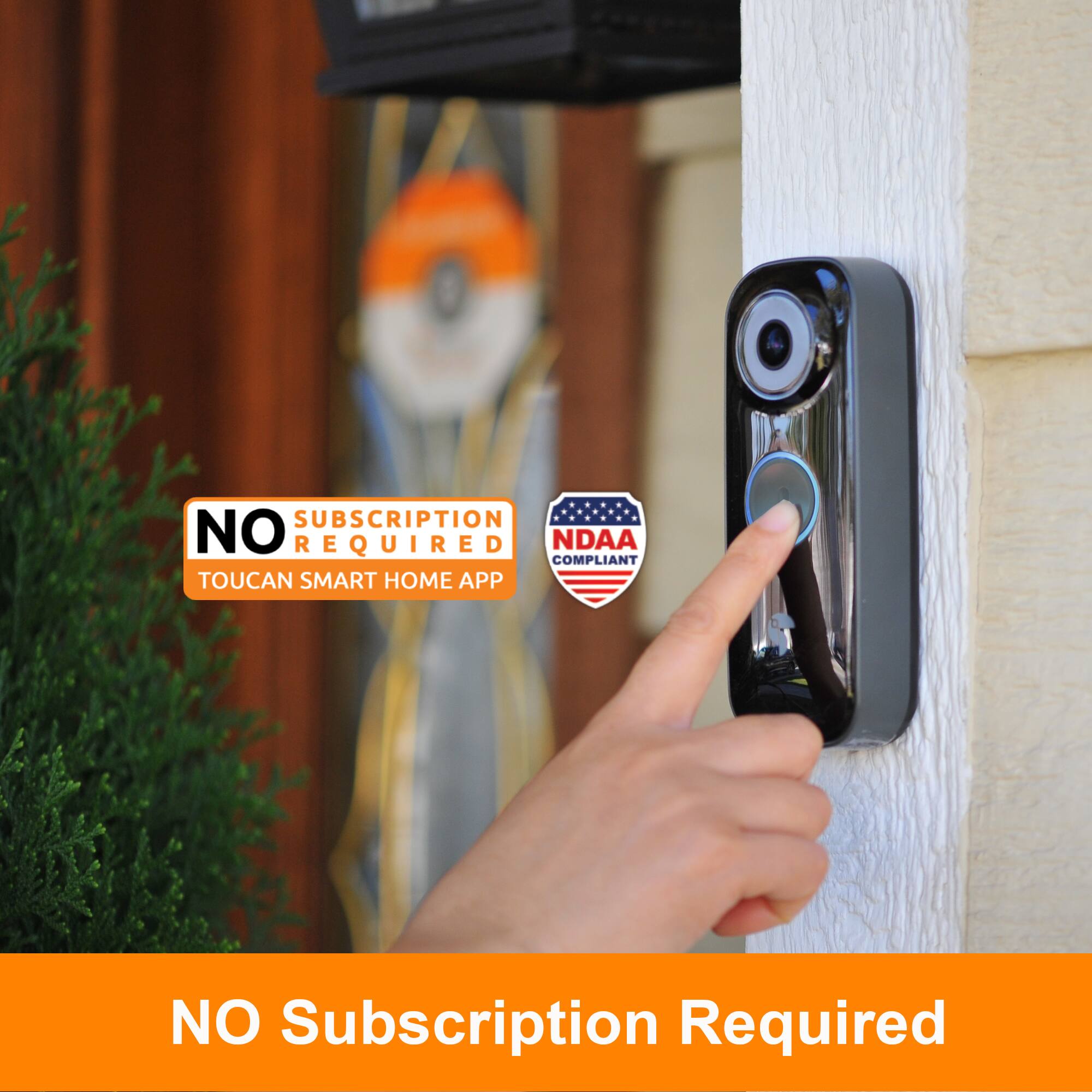 The corrected text is:

"NO Subscription Required
NDAA Compliant
Toucan Smart Home App"
