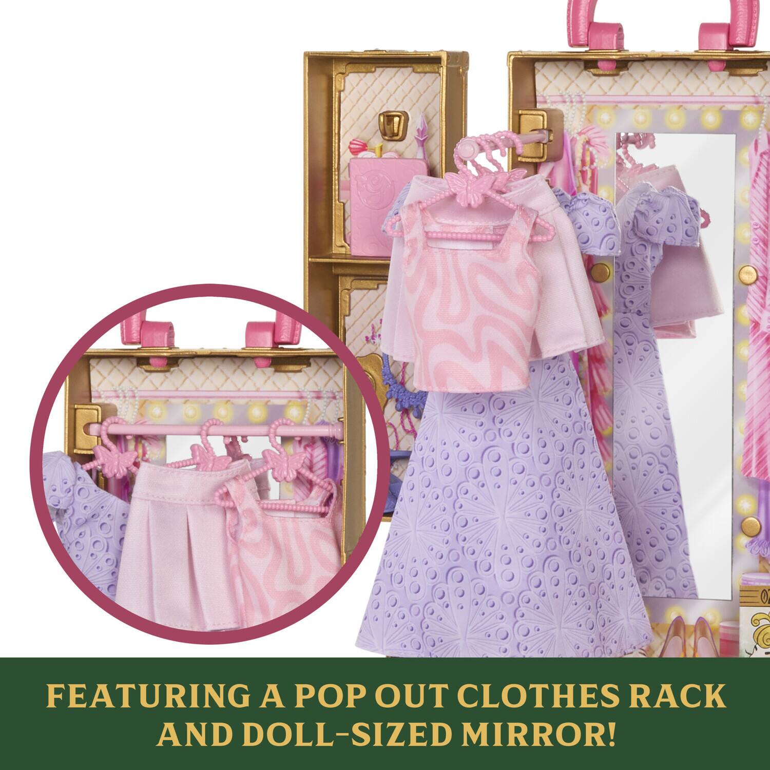 FEATURING A POP OUT CLOTHES RACK AND DOLL-SIZED MIRROR!