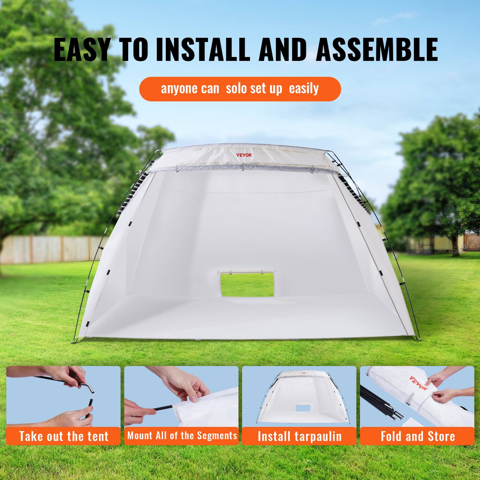 EASY TO INSTALL AND ASSEMBLE  
anyone can solo set up easily  

Take out the tent  
Mount All of the Segments  
Install tarpaulin  
Fold and Store