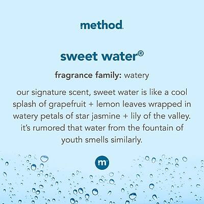 method.  
sweet water®  
fragrance family: watery  

our signature scent, sweet water is like a cool splash of grapefruit + lemon leaves wrapped in watery petals of star jasmine + lily of the valley. it's rumored that water from the fountain of youth smells similarly.