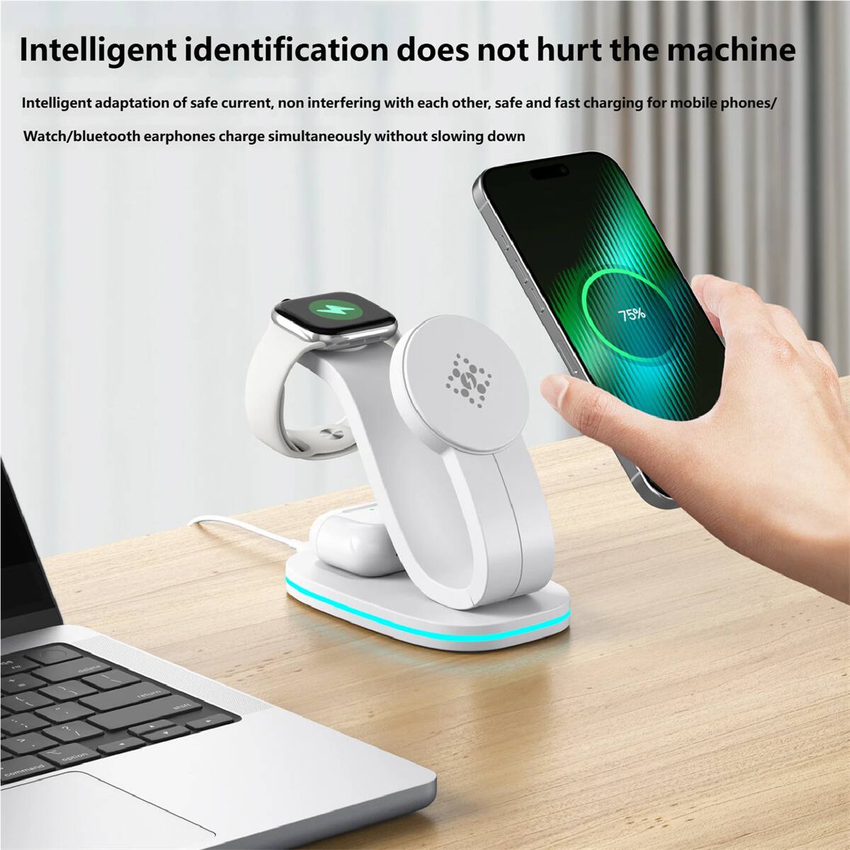 Intelligent identification does not hurt the machine

Intelligent adaptation of safe current, non interfering with each other, safe and fast charging for mobile phones/ Watch/bluetooth earphones charge simultaneously without slowing down
