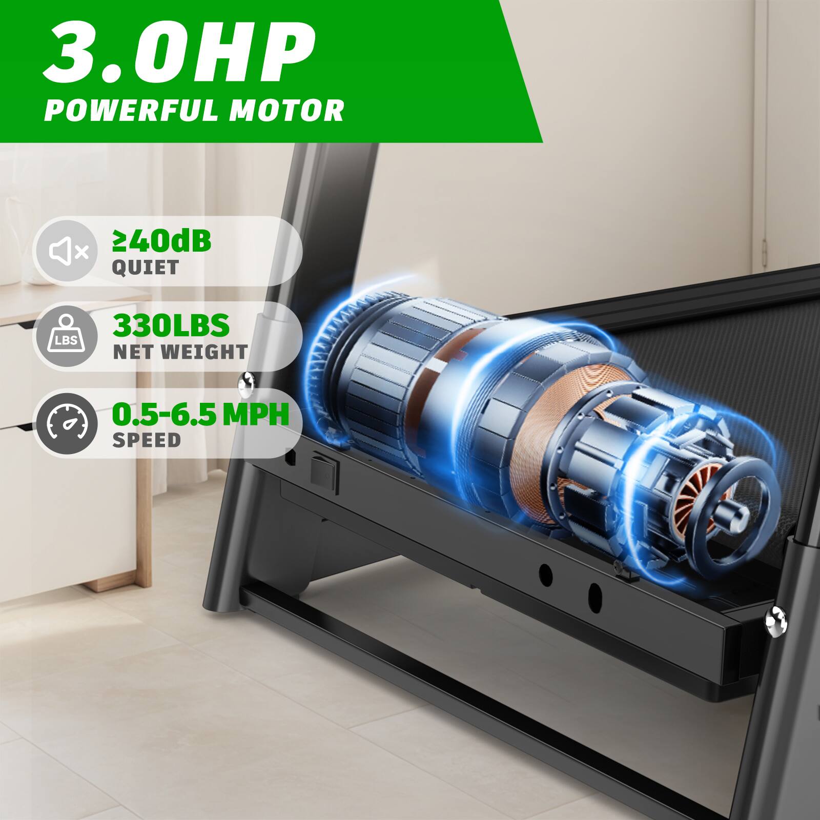 3.0HP POWERFUL MOTOR  
≥40dB QUIET  
330LBS NET WEIGHT  
0.5-6.5 MPH SPEED