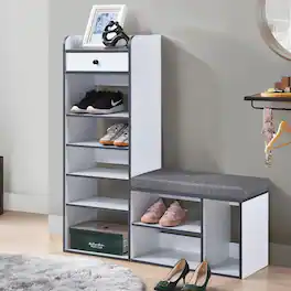 Kings Brand Furniture - Julian Bench & Shoe Rack, 7-Shelf Storage & Drawer - White