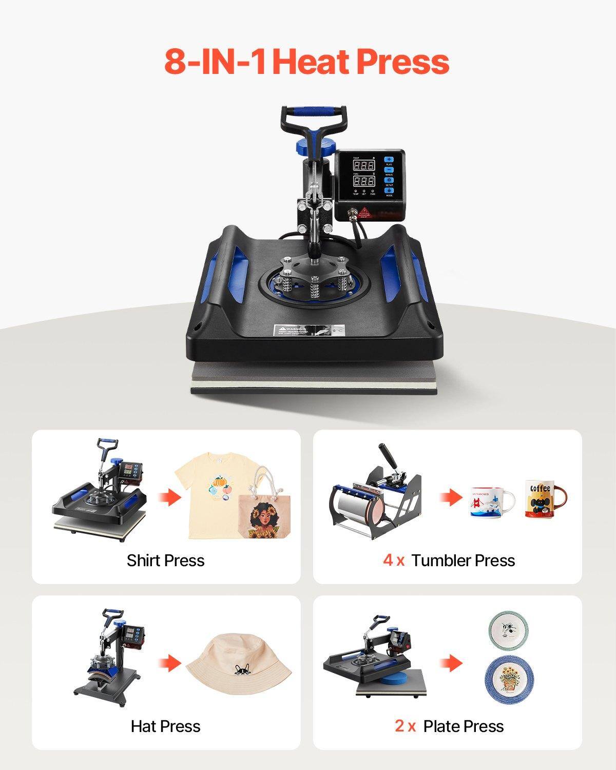 8-IN-1 Heat Press

- Shirt Press
- 4 x Tumbler Press
- Hat Press
- 2 x Plate Press