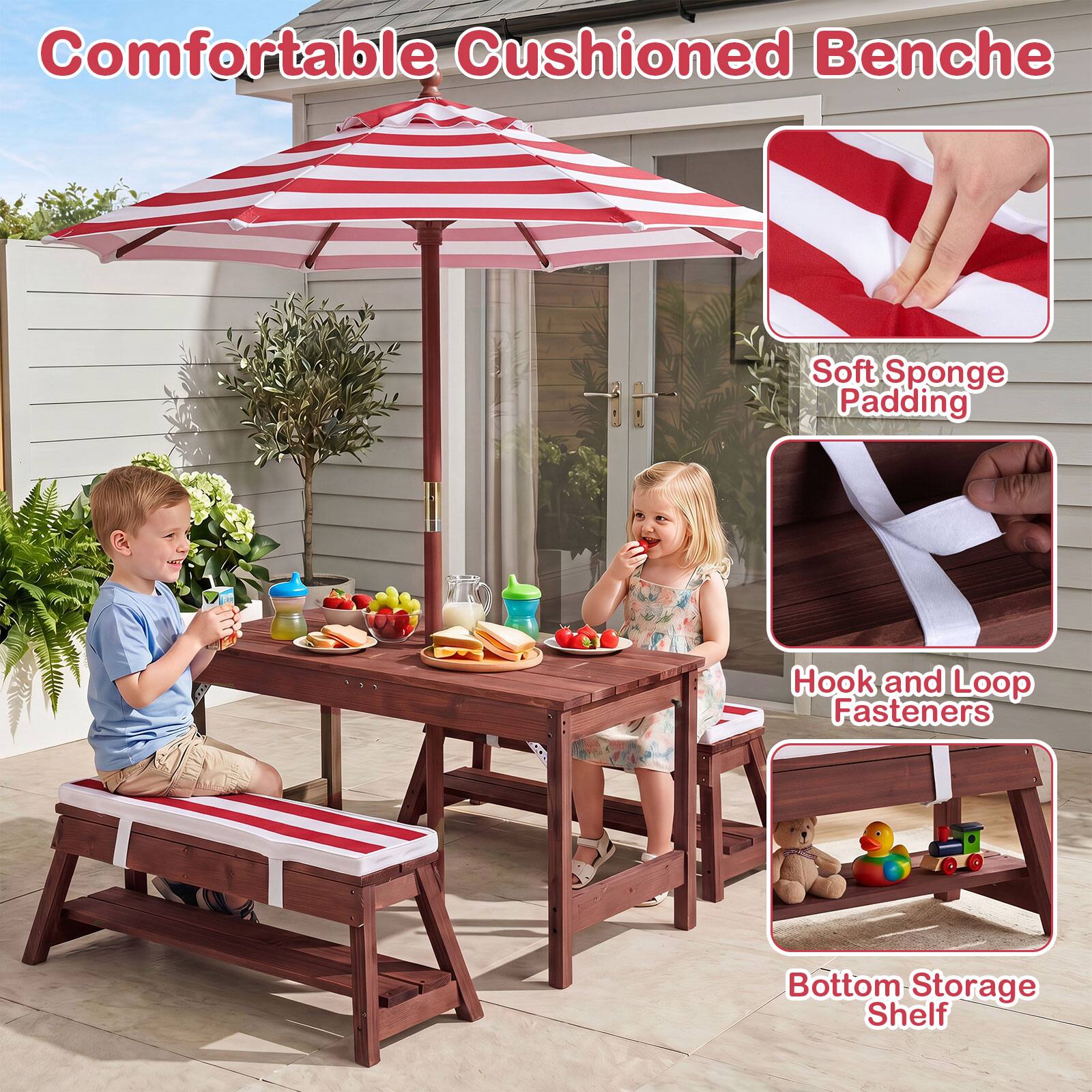 Comfortable Cushioned Benches  
Soft Sponge Padding  
Hook and Loop Fasteners  
Bottom Storage Shelf