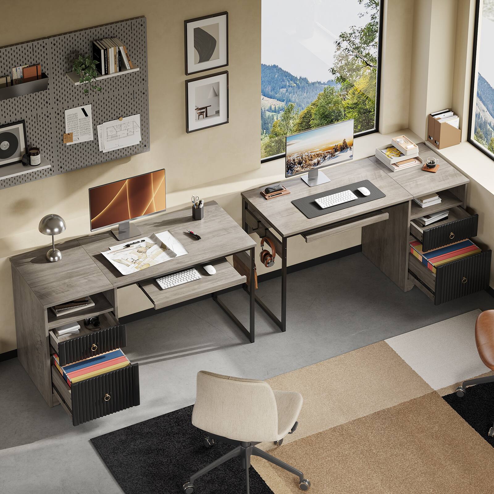 Alt View 6. Bestier - 55inch Executive Computer desk with Keyboard Tray Modern Storage File Drawer Fluted Panel 2 Hooks - Grey Wash.