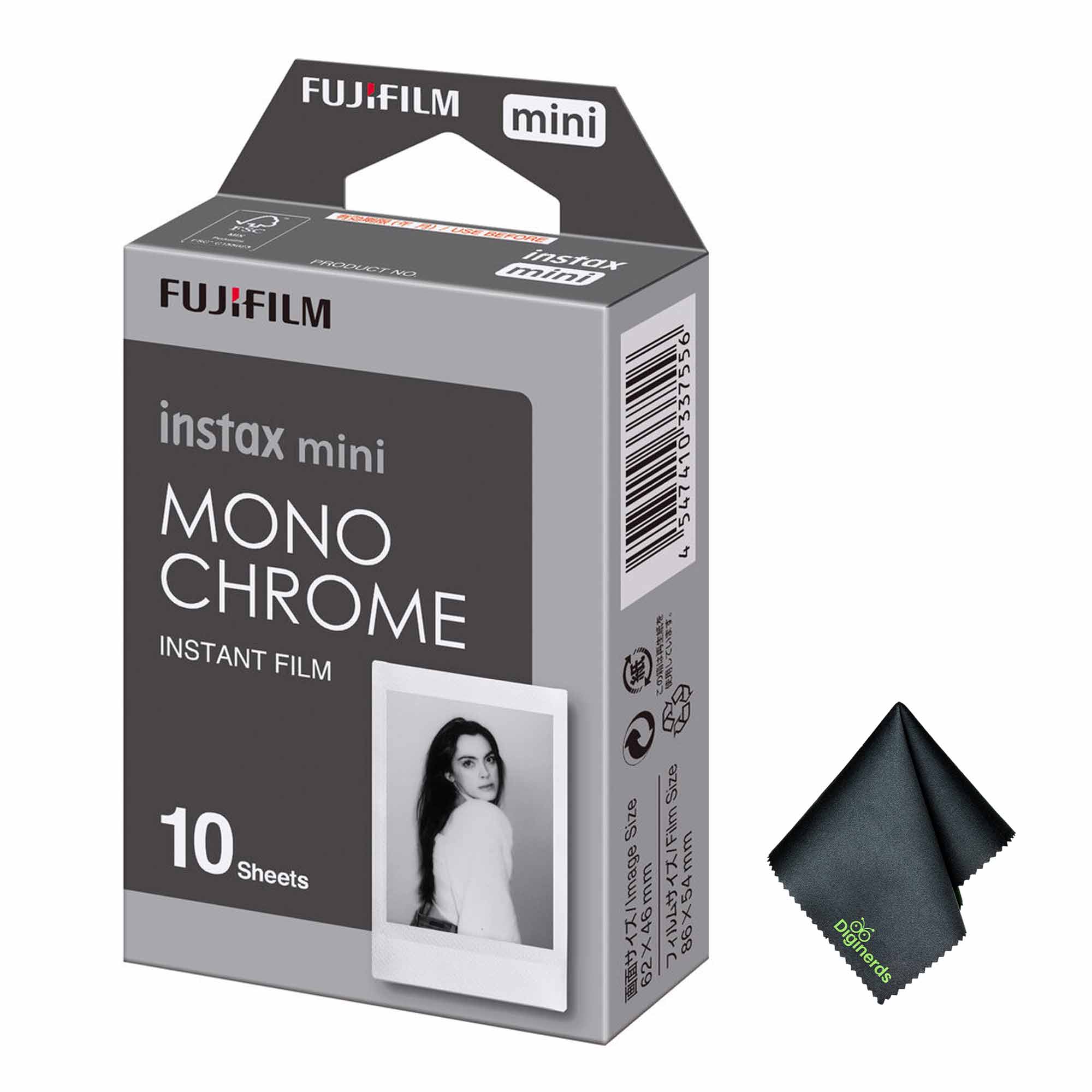 FUJIFILM mini  
instax mini MONO CHROME  
INSTANT FILM  
10 Sheets  

Size: 62x46mm  
Film Size: 86x54mm  

DIGINERDS