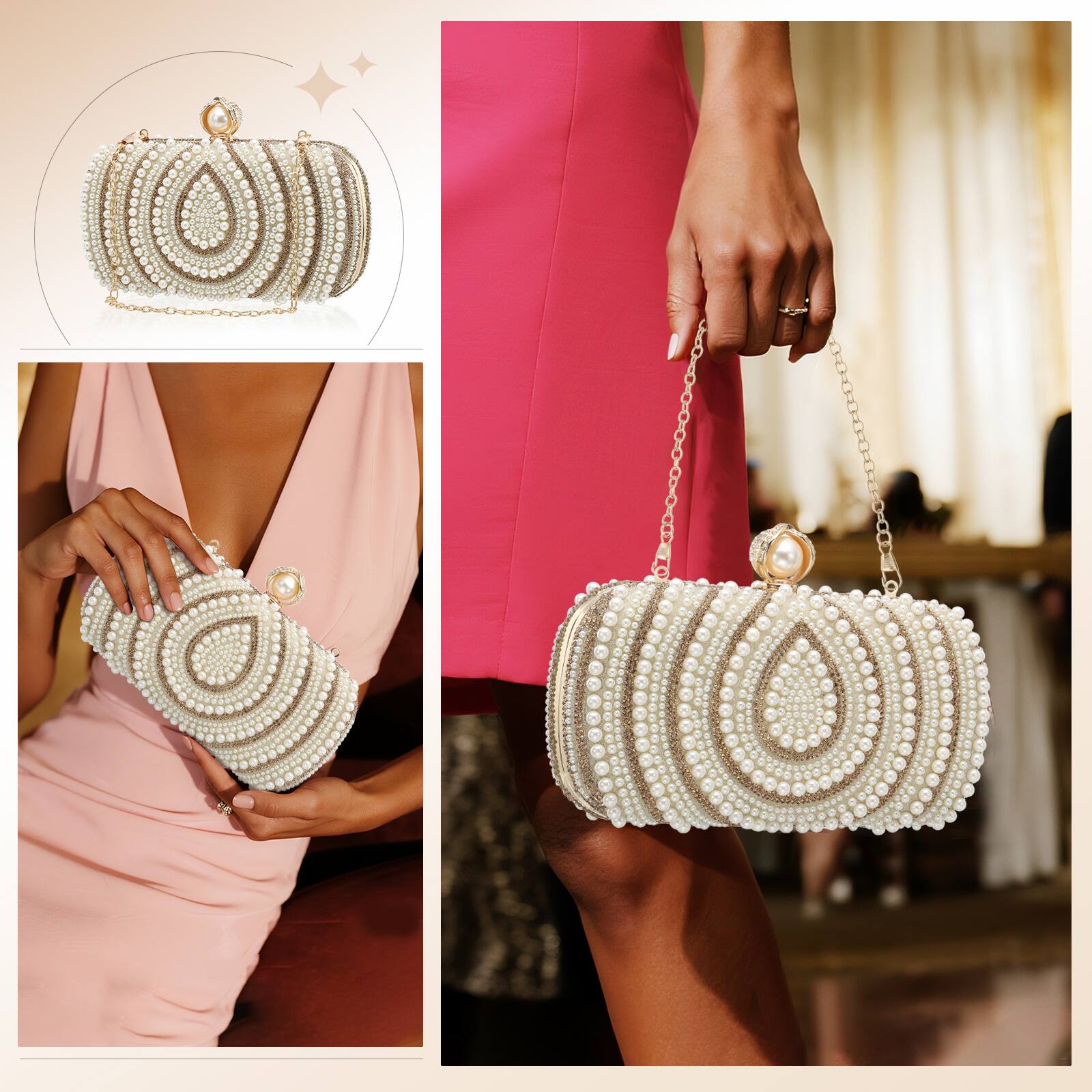 Alt View 1. Unique Bargains - Evening Clutch Purse for Women, Vintage Beads Buckle Clasp Handbag for Bridal Wedding 1920s Party Crossbody Bag - Champagne.