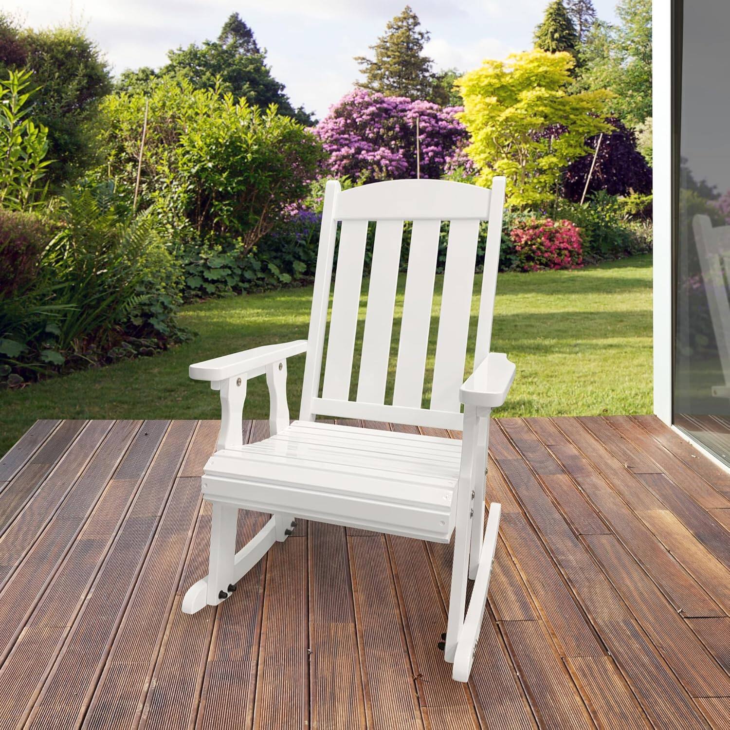 Angle. Fortune Candy - Wooden Patio Rocking Chair with Comfortable Backrest and Deep Contoured Seat, for Both Outdoor and Indoor - White.
