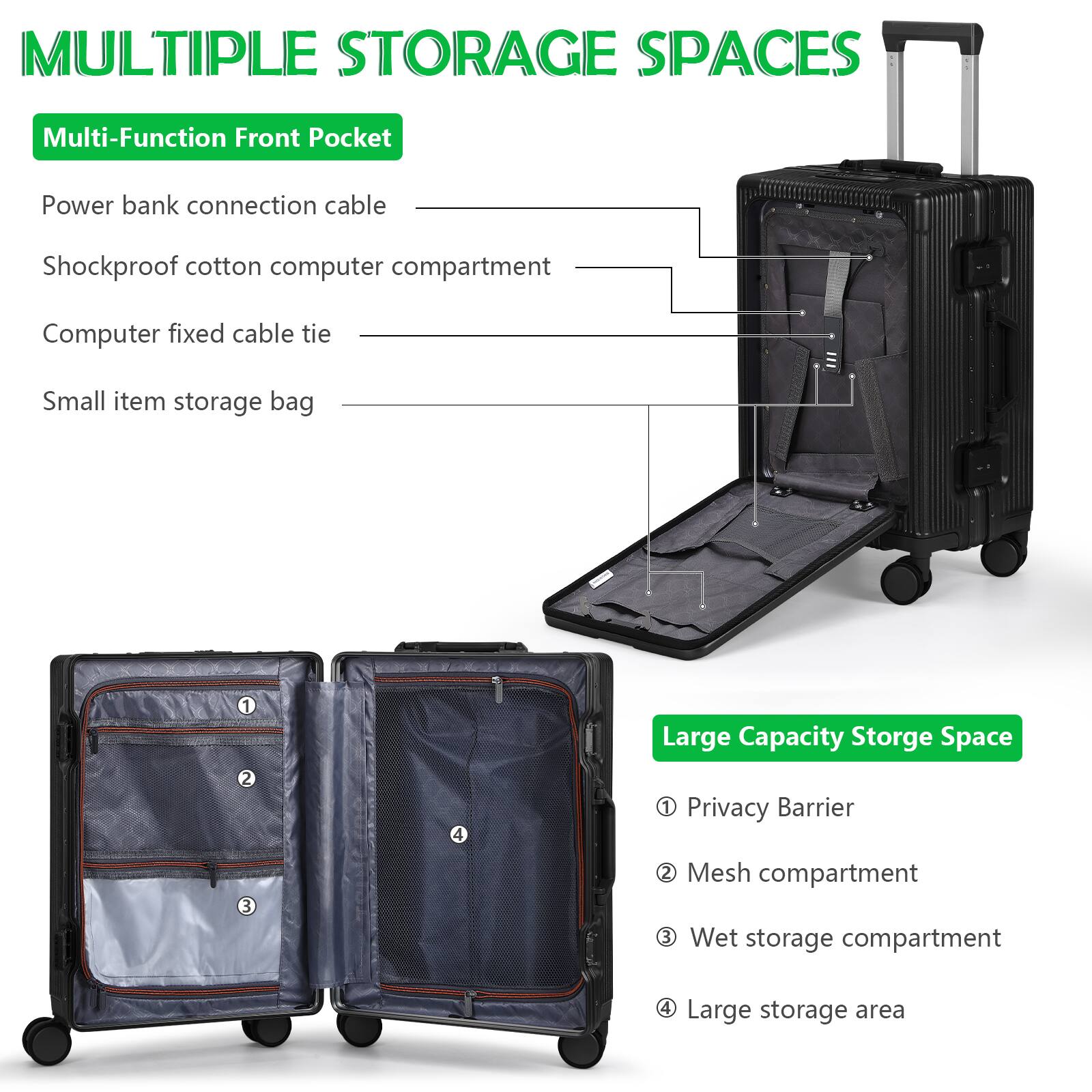 MULTIPLE STORAGE SPACES

Multi-Function Front Pocket
- Power bank connection cable
- Shockproof cotton computer compartment
- Computer fixed cable tie
- Small item storage bag

Large Capacity Storage Space
- Privacy Barrier
- Mesh compartment
- Wet storage compartment
- Large storage area
