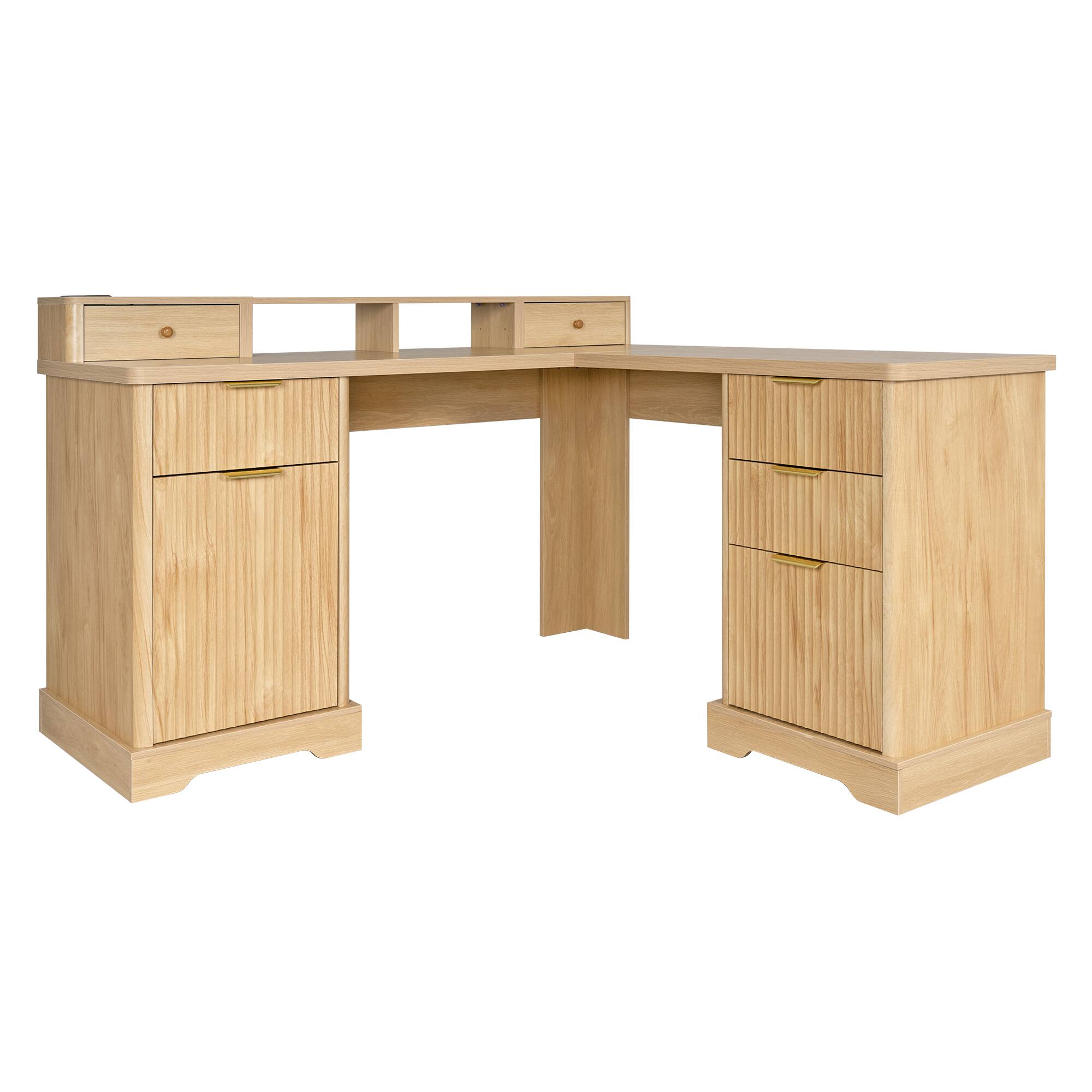 Alt View 8. Loheer - Loheer L Shaped Desk with Charging Station, Modern Fluted Oak Home Office Desk with File Drawer and Cabinet - Light Oak.