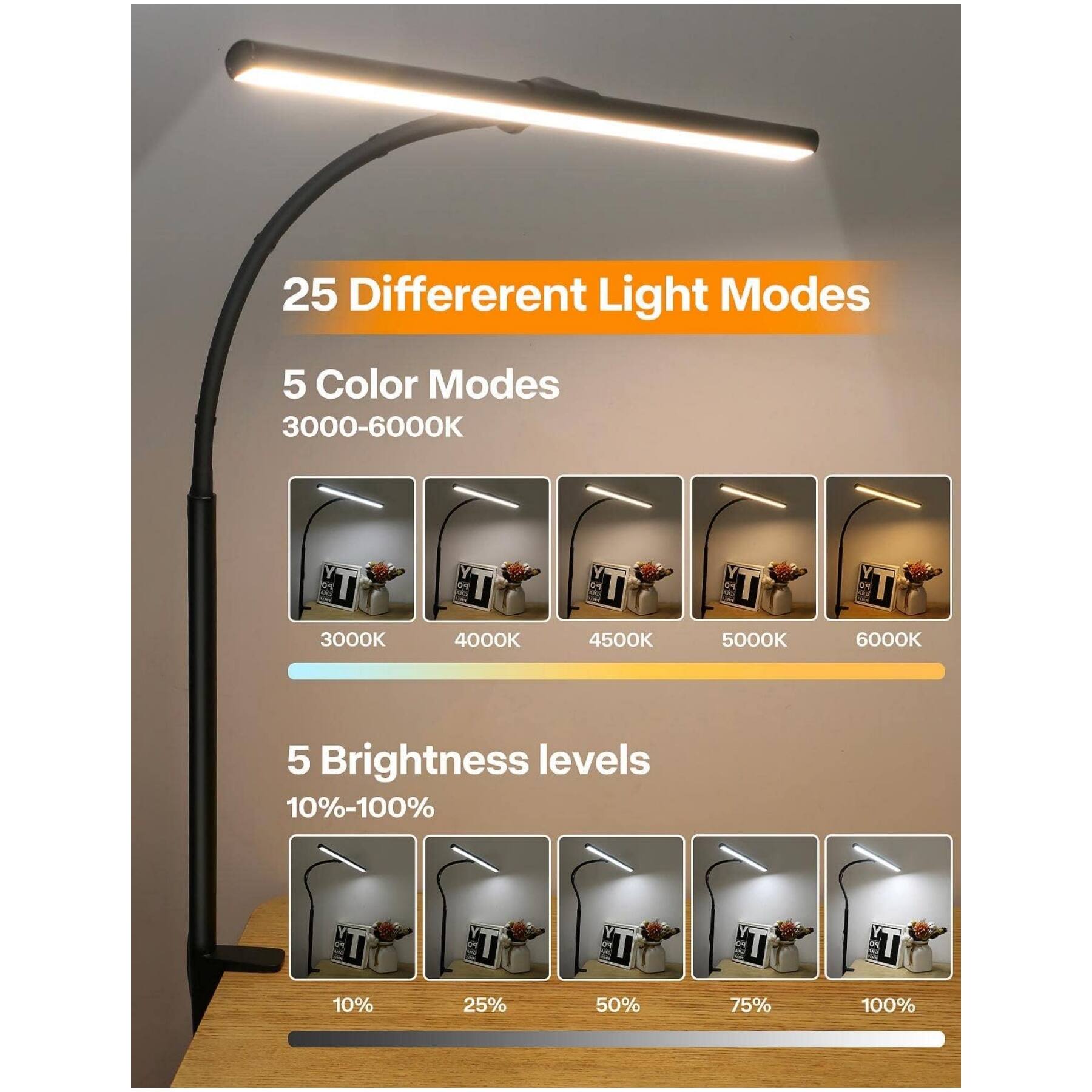 25 Different Light Modes

5 Color Modes
3000-6000K
- 3000K
- 4000K
- 4500K
- 5000K
- 6000K

5 Brightness levels
10%-100%
- 10%
- 25%
- 50%
- 75%
- 100%