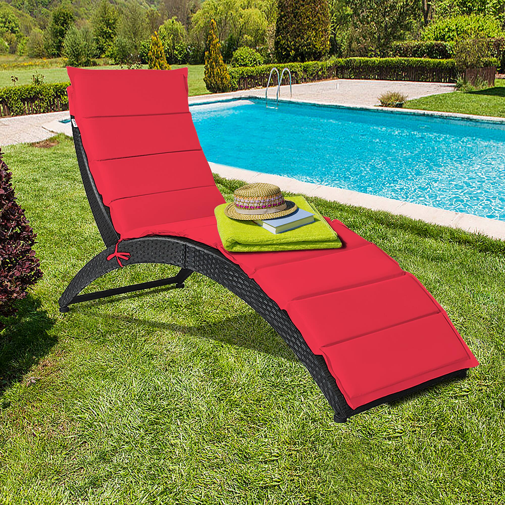 Alt View 3. Costway - 2PCS Folding Patio Rattan Lounge Chair Chaise Cushioned Portable Garden - Red.