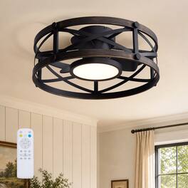 Siljoy - 22 Inch Cross Cage Vintage Bronze Iron LED Flush Mount Ceiling Fan Light for Bedroom Living Room Dining Room - Brown