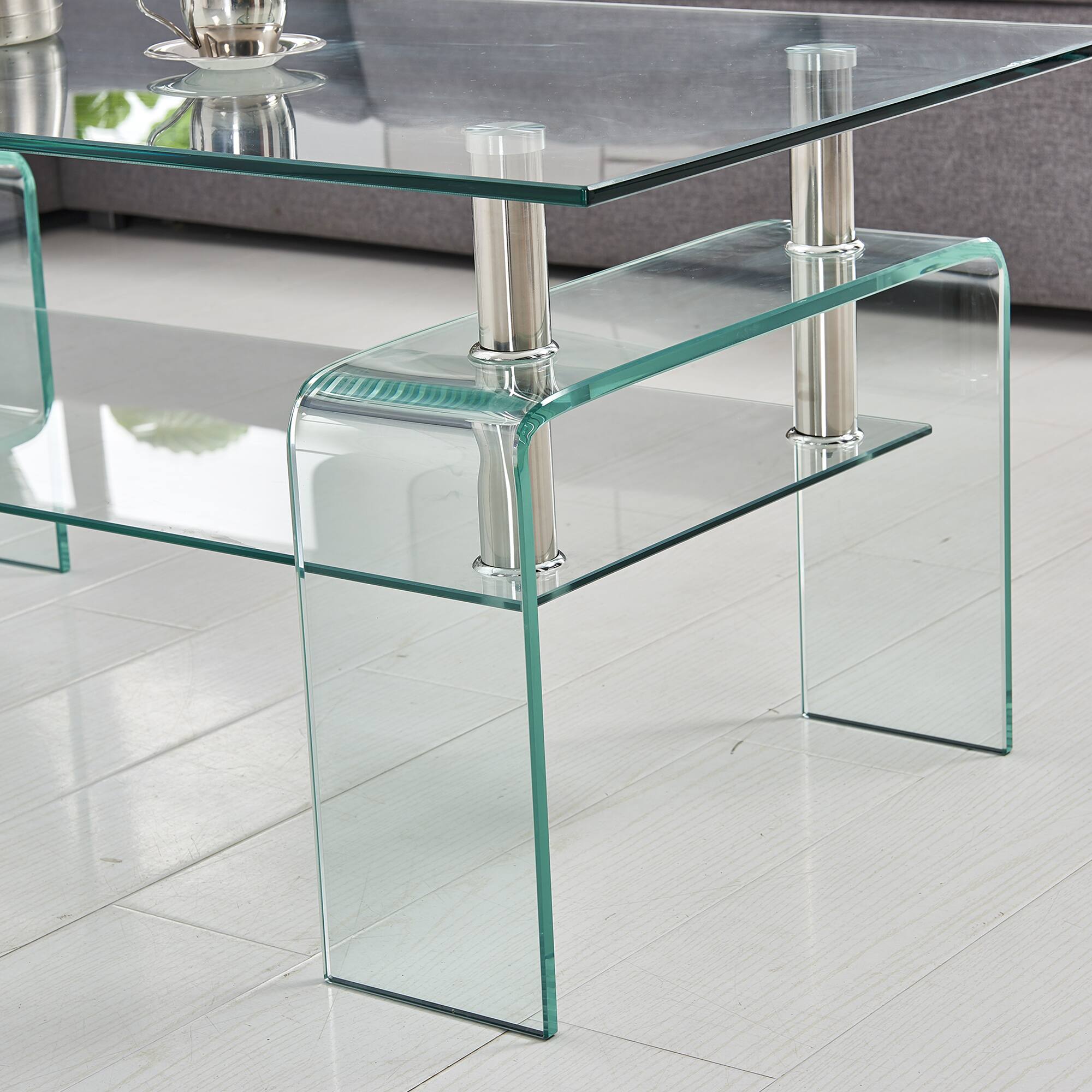 Front. TinyHomie - Rectangle Clear Glass Coffee Table 2 Tier Storage Tempered Glass Tea Table - Brown.