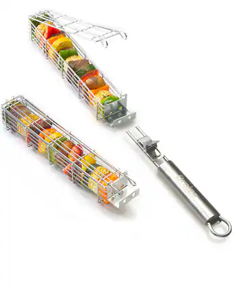 Front. Braize - Stainless Steel Kabob Grill Basket Set - Silver.