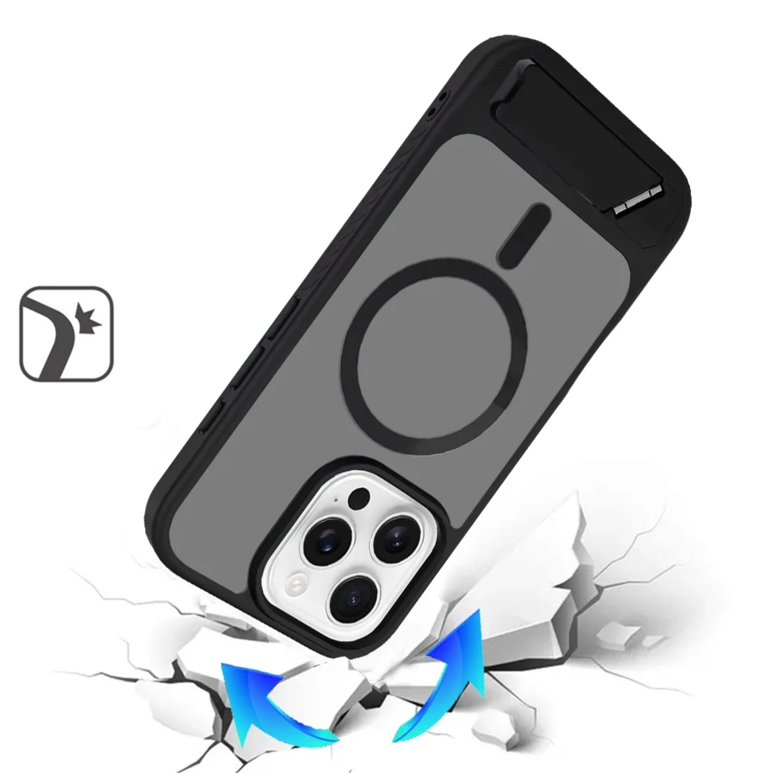Angle. Kitcheniva - Magnetic Circle Metal Kickstand Phone Case With Tempered Glass For iPhone 16 Pro Max Black - Black.