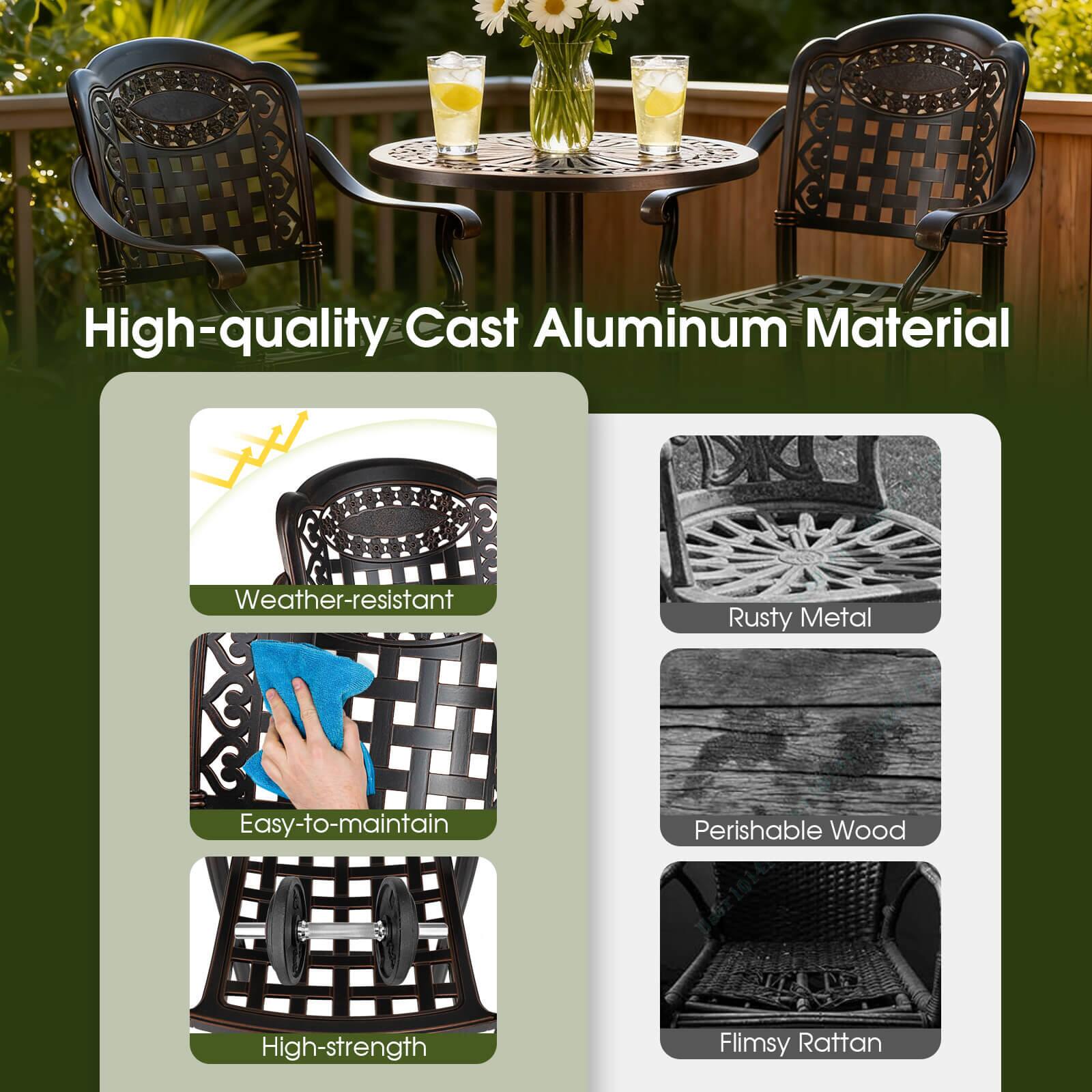 High-quality Cast Aluminum Material

- Weather-resistant
- Easy-to-maintain
- High-strength

Rusty Metal
Perishable Wood
Flimsy Rattan