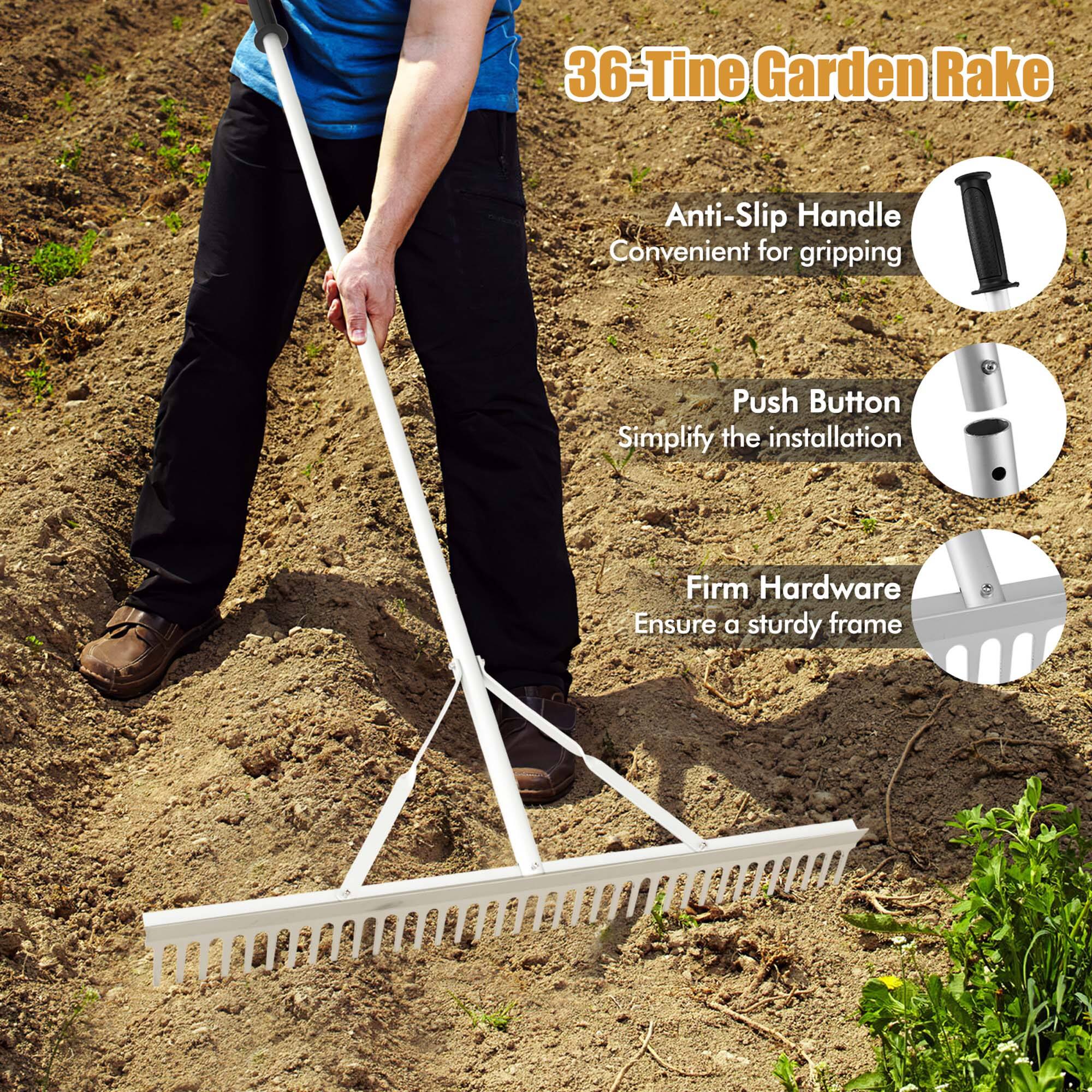 The text on the image reads: "36-Tine Garden Rake Anti-Slip Handle Convenient for gripping I Push Button Simplify the installation Firm Hardware Ensure a sturdy frame."