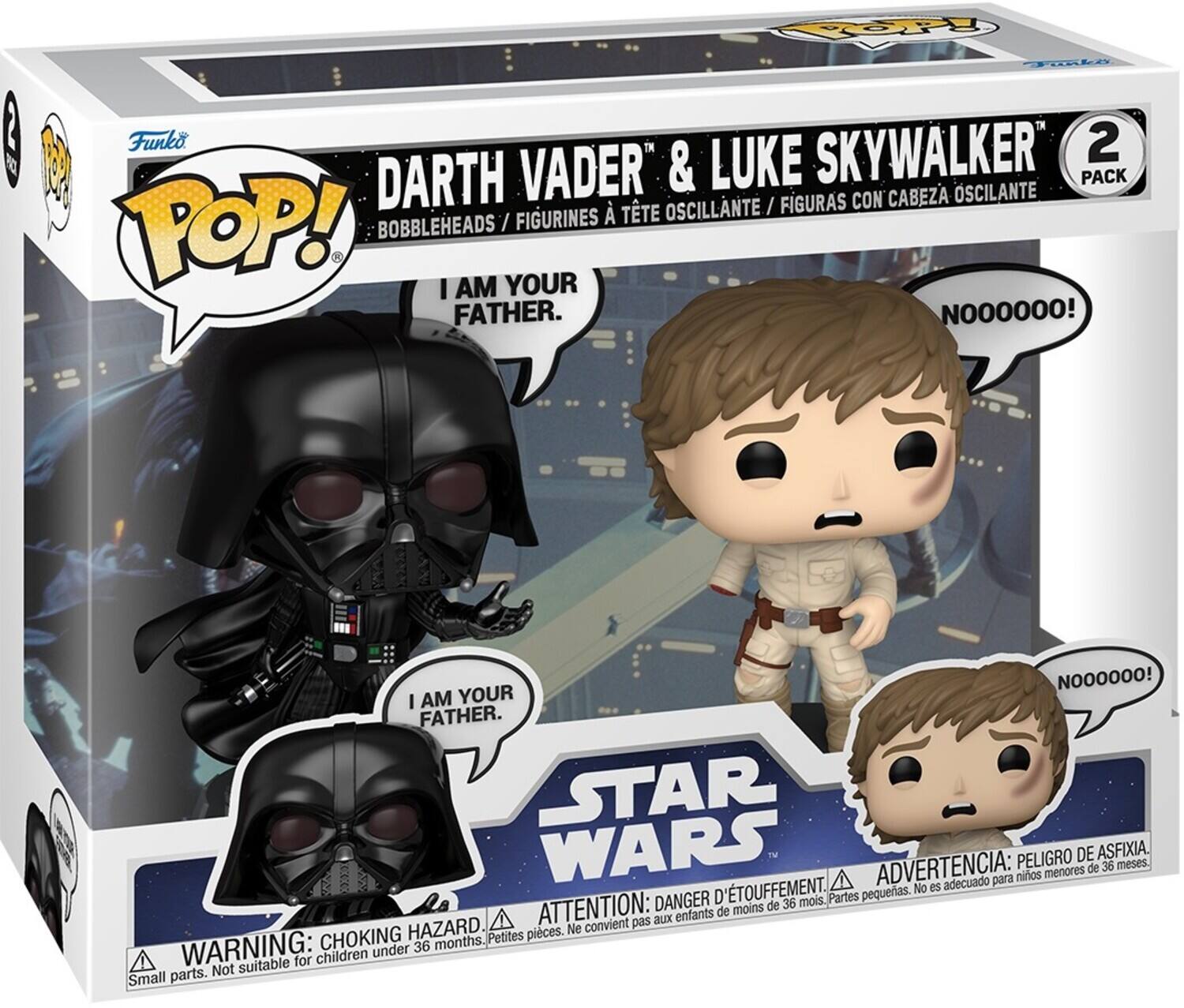 P 2 Funko 2 Darth Vader & Luke Skywalker Pack Figuras con Cabeza Oscilante / Figurines I Am Your Father. Noooooo! Noooooo! I Am Your Father. Star Wars Advertencia: adecuado para Peligro de asfixia. 36 meses. D'etouffement. No es Danger D mois. Partes pequerias. Attention: moins de 36 enfants de choking hazard. Ne convient pas aux children suitable for children. Small parts. Warning: under 36 months. Petites pieces.