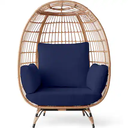 Front. Best Choice Products - Best Choice Products Wicker Egg Chair Oversized Indoor Outdoor Patio Lounger w/ Steel Frame - Navy - Navy.