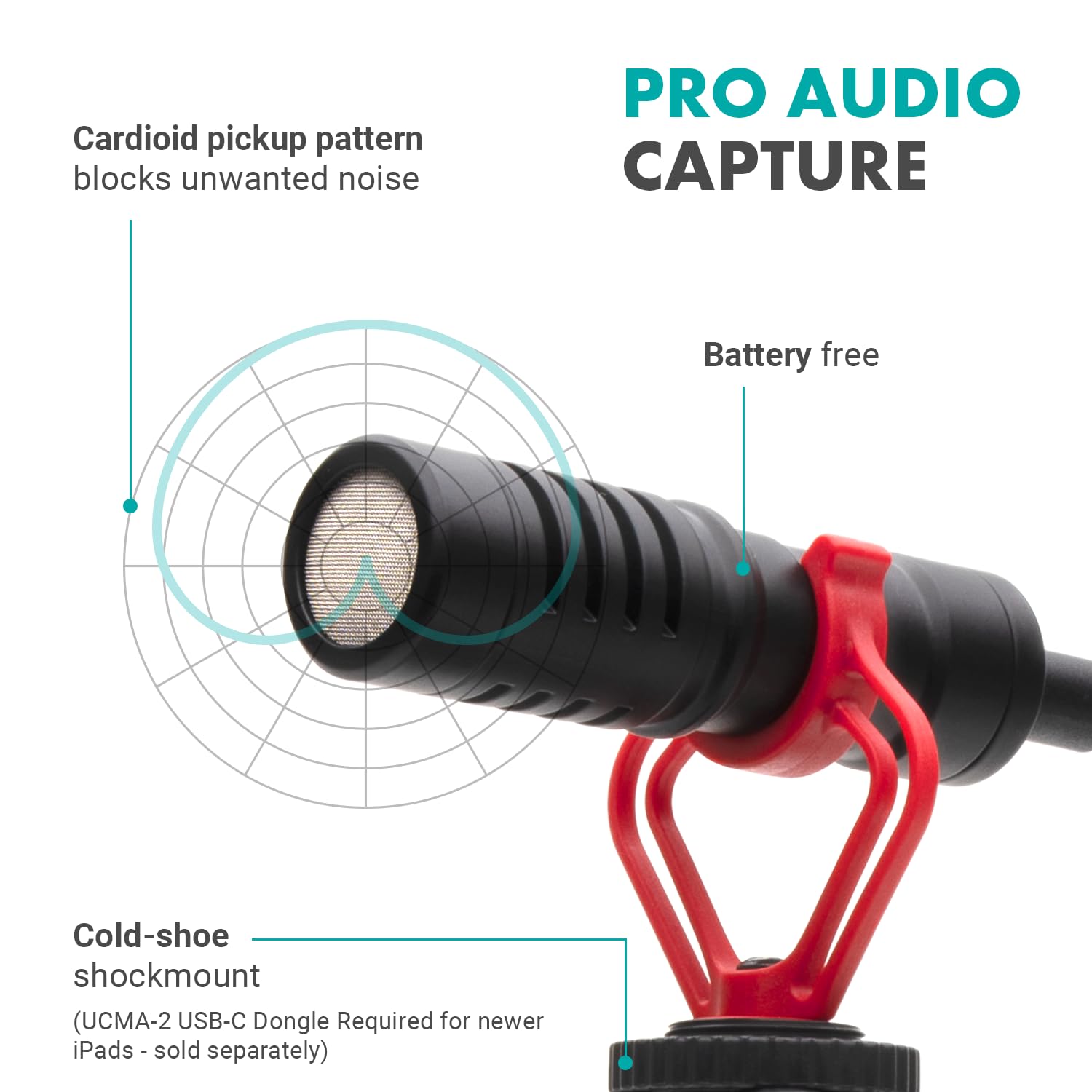 Cardioid pickup pattern blocks unwanted noise  
PRO AUDIO CAPTURE  
Battery free  
Cold-shoe shockmount (UCMA-2 USB-C Dongle Required for newer iPads - sold separately)