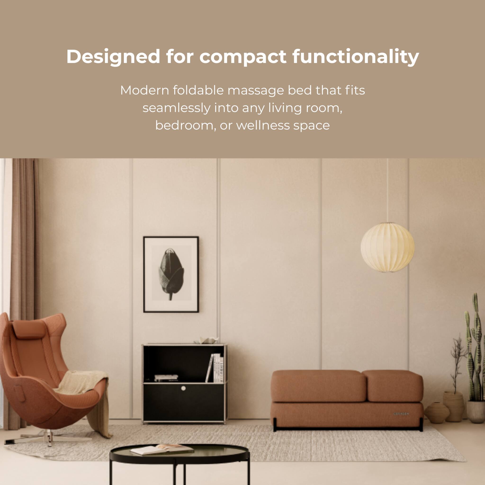 Designed for compact functionality
Modern foldable massage bed that fits seamlessly into any living room, bedroom, or wellness space
CORALER