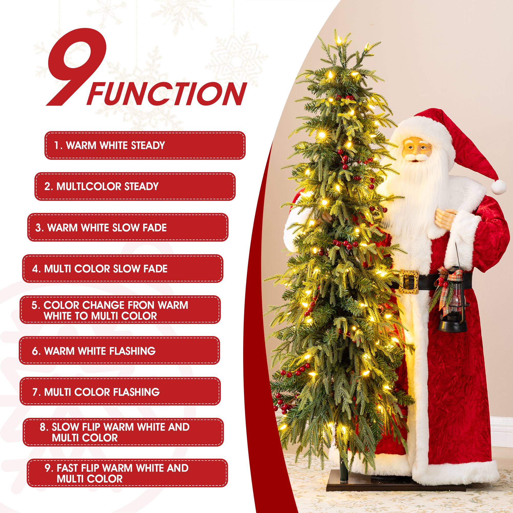 9 FUNCTION  
1. WARM WHITE STEADY  
2. MULTICOLOR STEADY  
3. WARM WHITE SLOW FADE  
4. MULTI COLOR SLOW FADE  
5. COLOR CHANGE FROM WARM WHITE TO MULTI COLOR  
6. WARM WHITE FLASHING  
7. MULTI COLOR FLASHING  
8. SLOW FLIP WARM WHITE AND MULTI COLOR  
9. FAST FLIP WARM WHITE AND MULTI COLOR