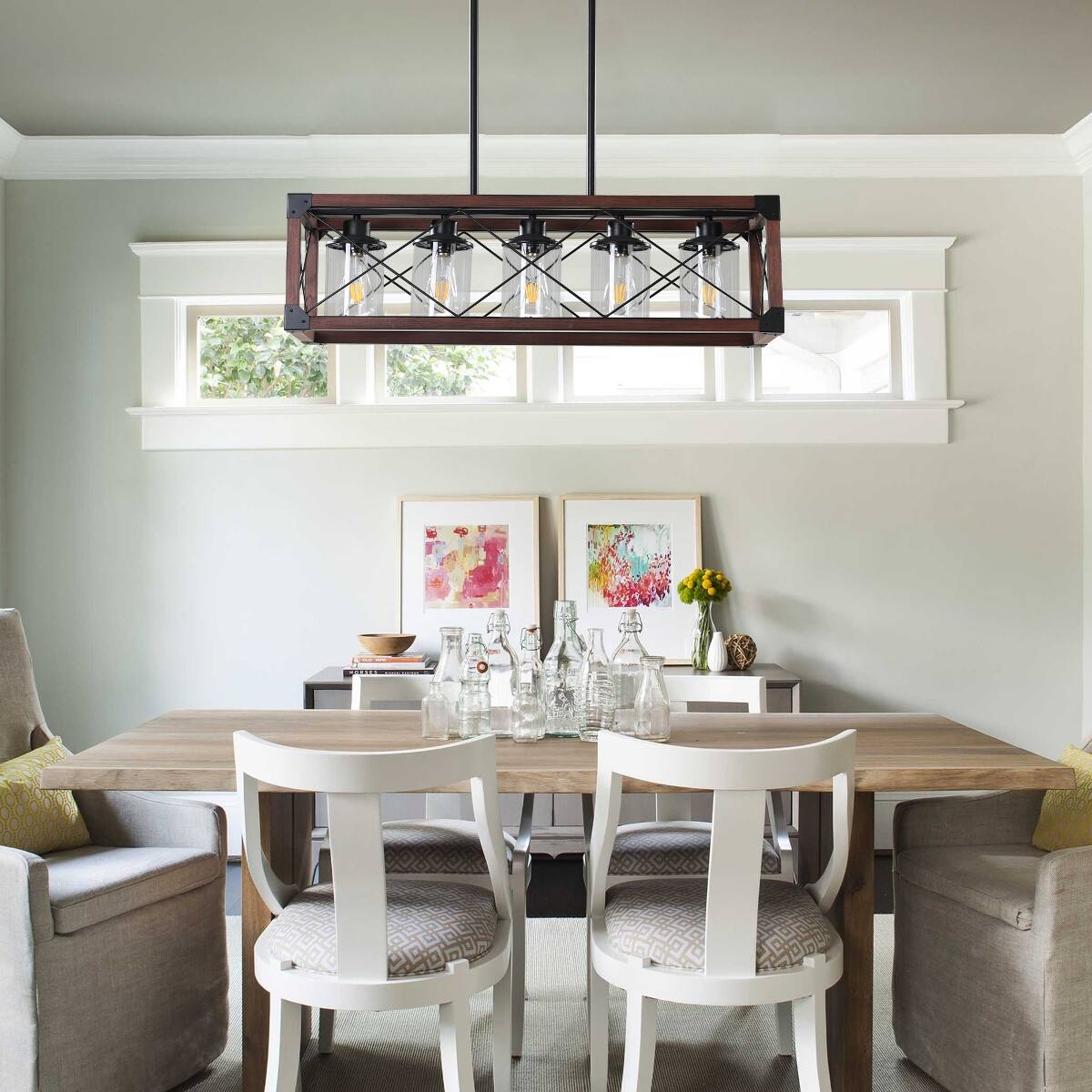 Angle. Loheer - Loheer 32 Inch Rectangular Pendant Light, 5-Light Farmhouse Chandelier for Kitchen Island.