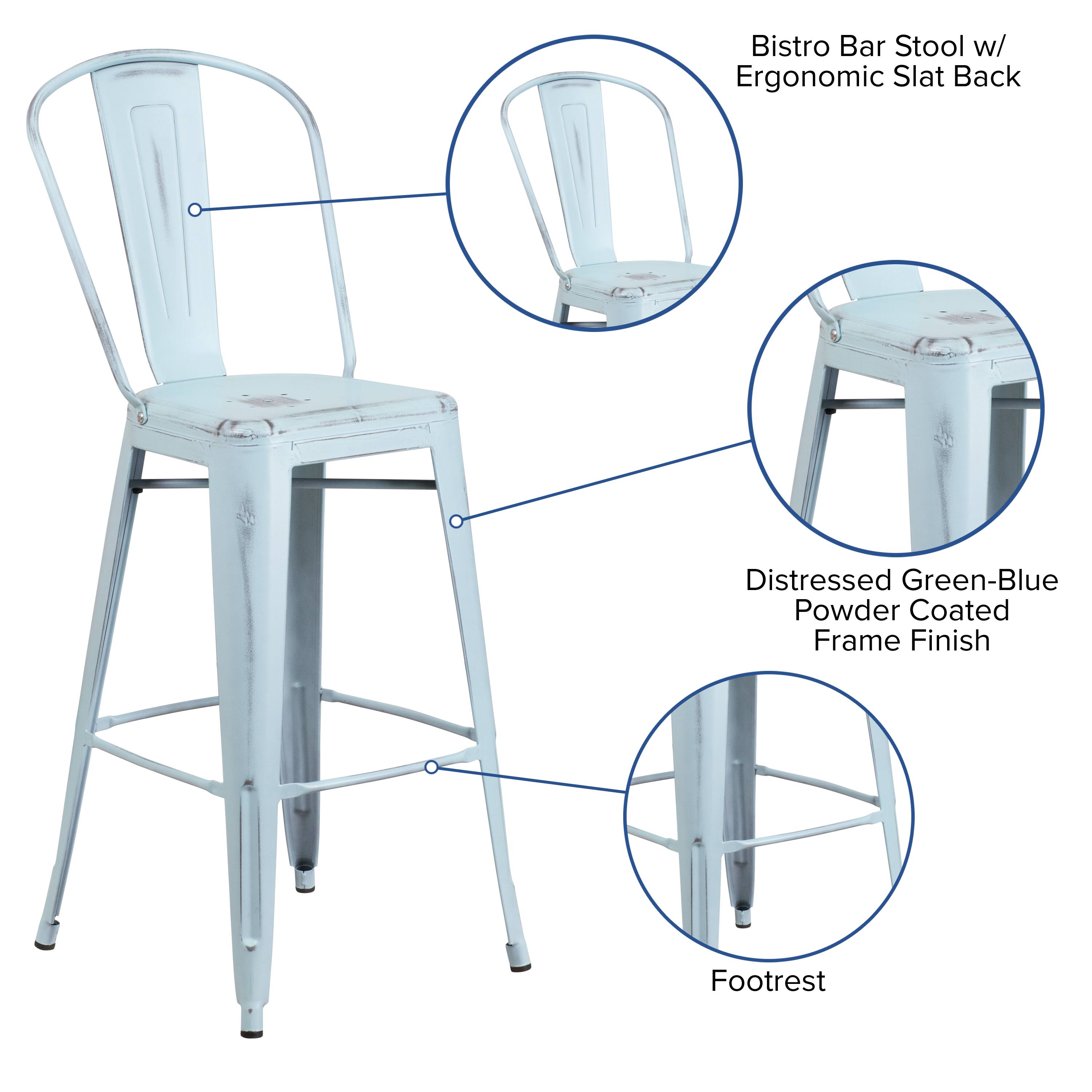 Bistro Bar Stool w/ Ergonomic Slat Back  
Distressed Green-Blue Powder Coated Frame Finish  
Footrest