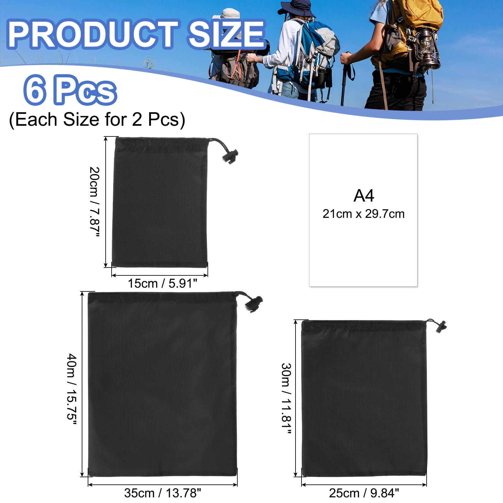 PRODUCT SIZE

6 Pcs (Each Size for 2 Pcs)

- 20cm / 7.87" x 15cm / 5.91"
- A4 21cm x 29.7cm
- 40m / 15.75" x 35cm / 13.78"
- 30m / 11.81" x 25cm / 9.84"