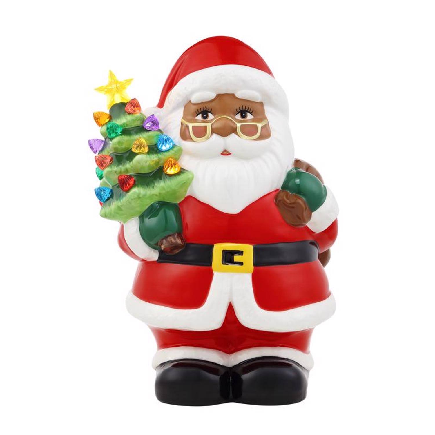 Front. Mr. Christmas - Mr. Christmas LED Ceramic African American Santa Claus with Tree Table Decor 9.25 in. - Multicolored.