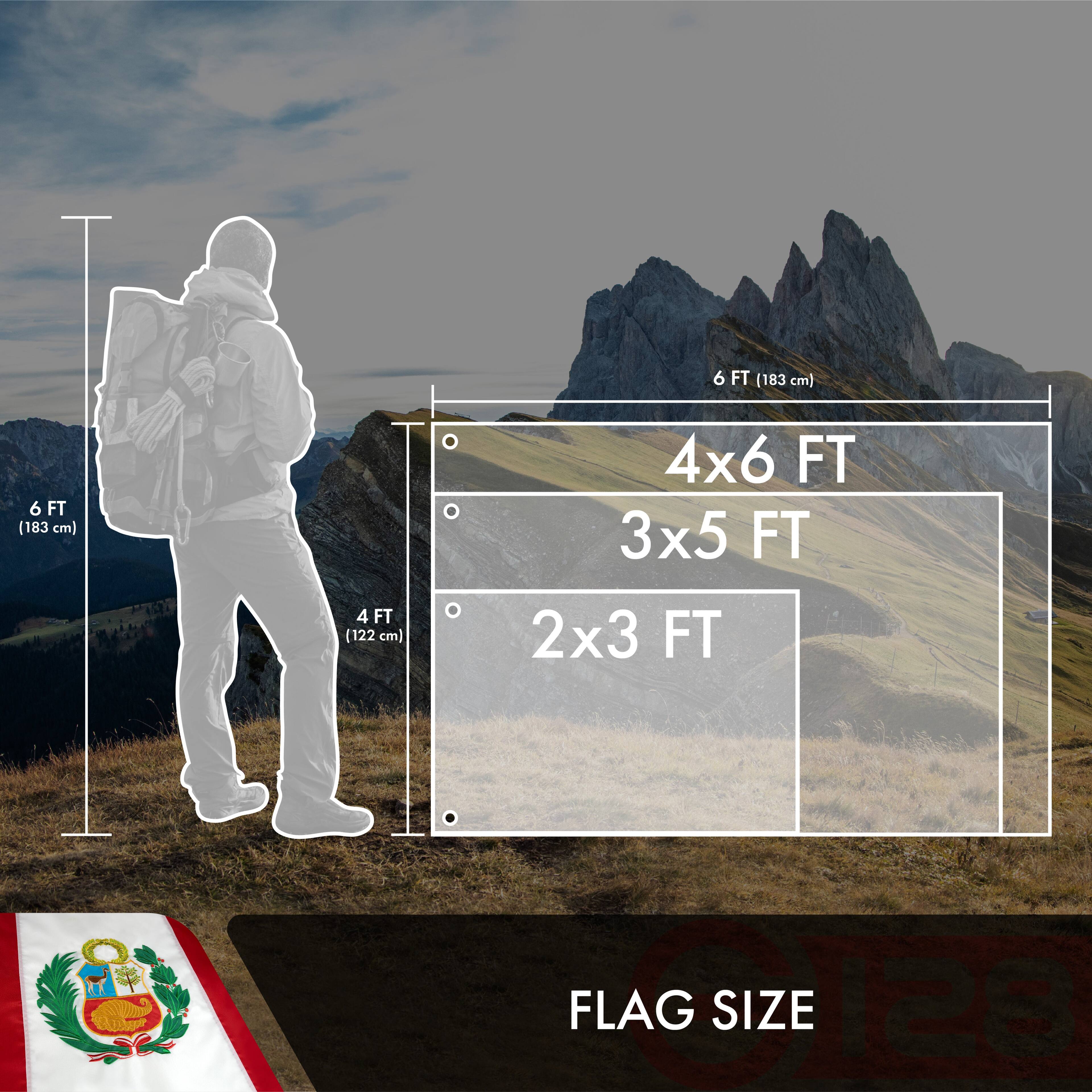6 FT (183 cm)  
4 FT (122 cm)  
4x6 FT  
3x5 FT  
2x3 FT  
FLAG SIZE