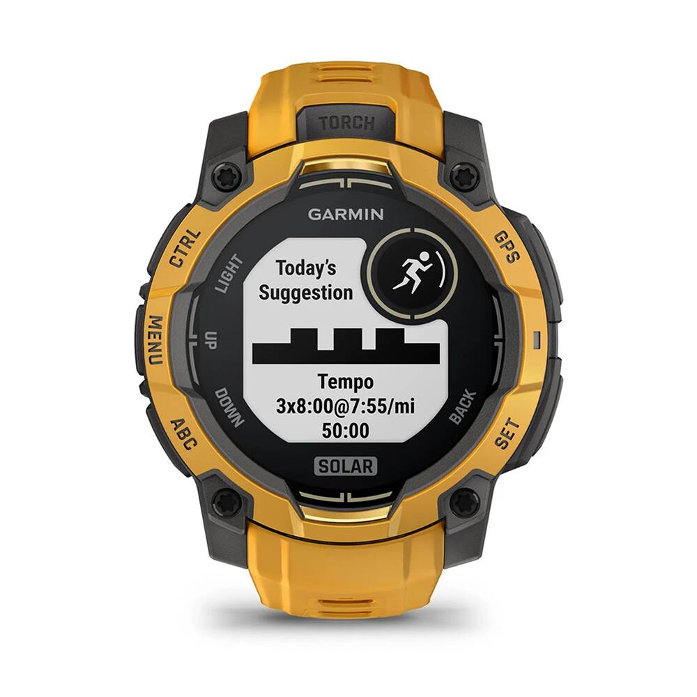 TORCH GARMIN CTRL GPS LIGHT  
Today's Suggestion  
MENU E  
UP  
Tempo  
DOWN  
3x8:00@7:55/mi  
BACK  
ABC  
50:00  
SET  
SOLAR