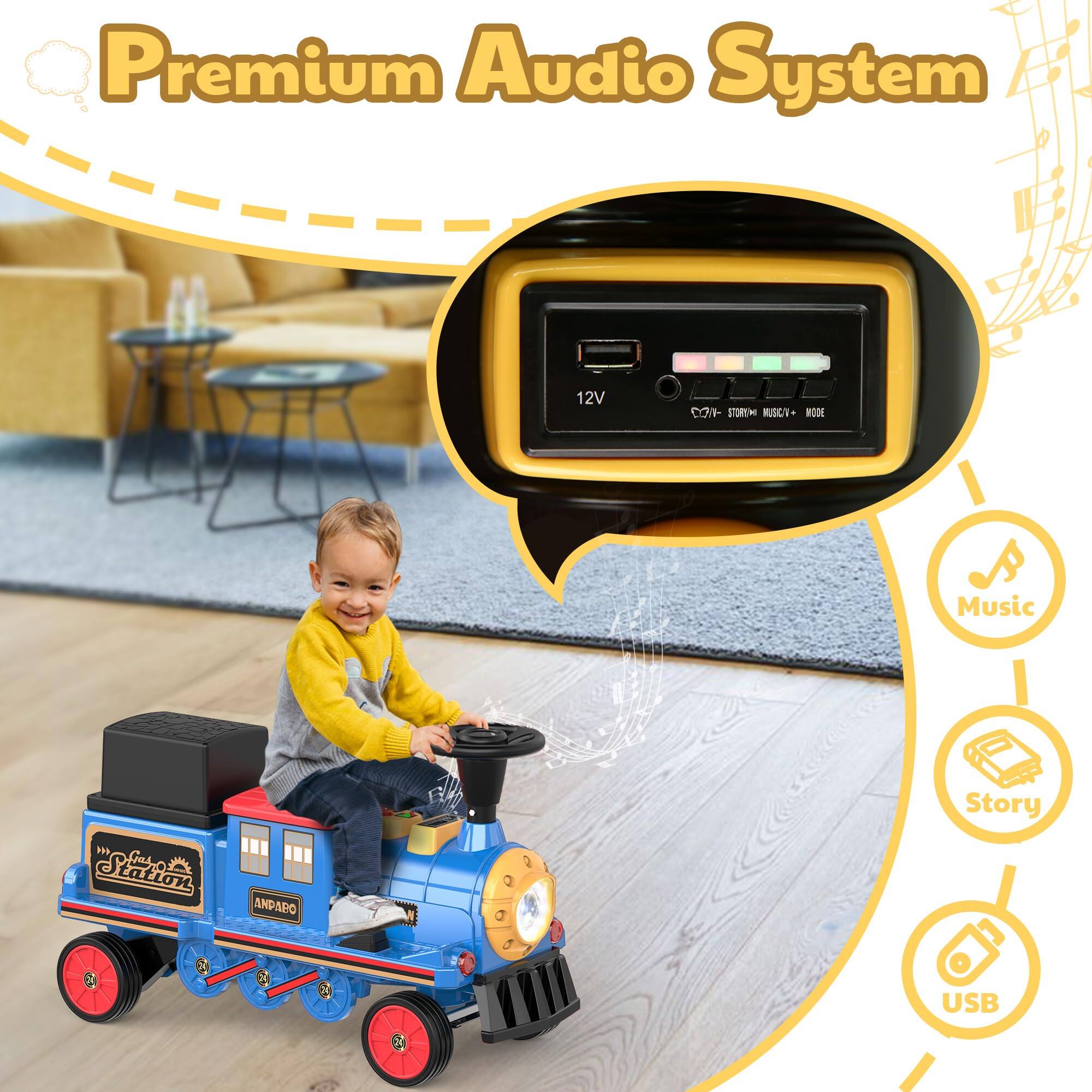 Premium Audio System

12V

DON- STORY MUSIC/V+ MODE

Music

Coas Station

ANPAPO

Story

USB