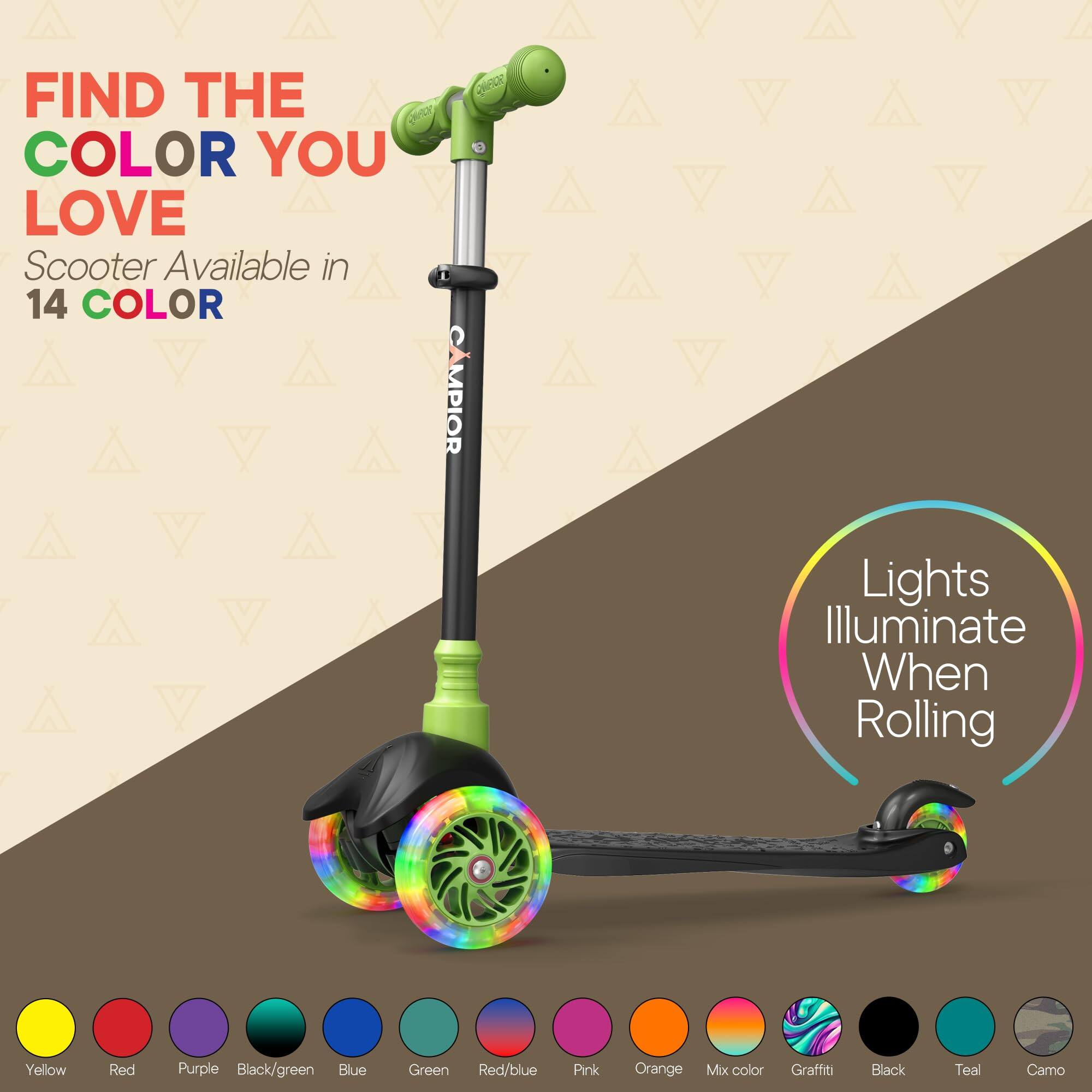 FIND THE COLOR YOU LOVE  
Scooter Available in 14 COLOR  
Lights Illuminate When Rolling  

Yellow  
Red  
Purple  
Black/green  
Blue  
Green  
Red/blue  
Pink  
Orange  
Mix color  
Graffiti  
Black  
Teal  
Camo