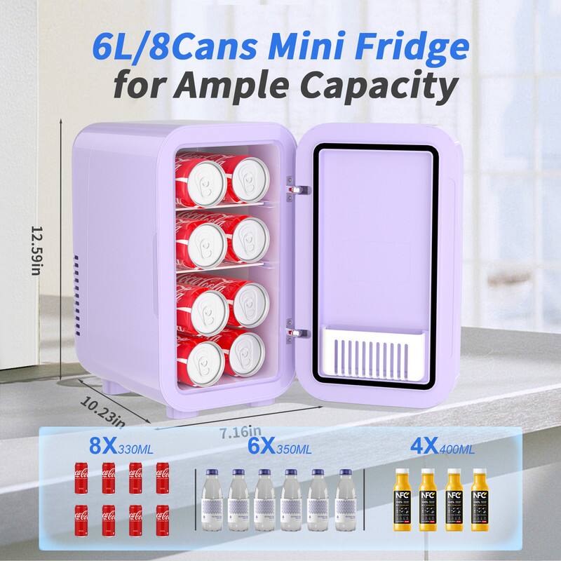 6L/8Cans Mini Fridge for Ample Capacity

12.59in x 10.23in x 7.16in

8 x 330ML
6 x 350ML
4 x 400ML