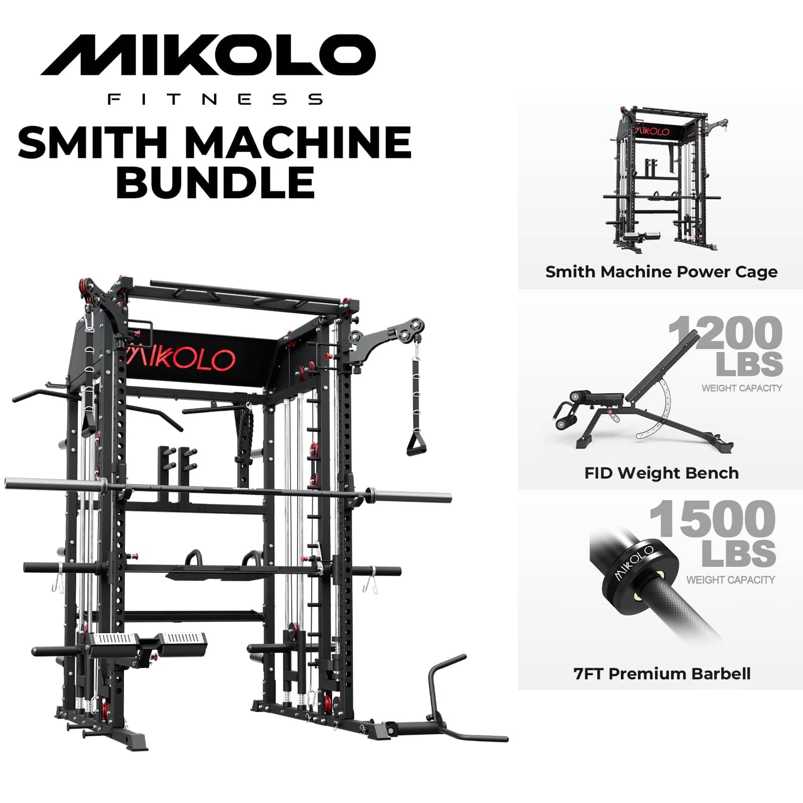 Mikolo - Smith Machine Home Gym, All-in-One Power Rack with Smith Cage and Functional Trainer, Squat Rack with 2:1 Dual Pulley - Black