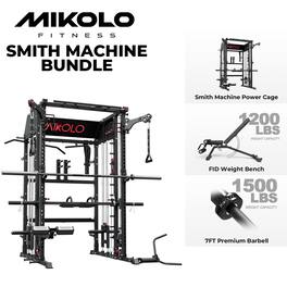 Mikolo - Smith Machine Home Gym, All-in-One Power Rack with Smith Cage and Functional Trainer, Squat Rack with 2:1 Dual Pulley - Black