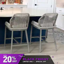 PURPLE LEAF - Outdoor Bar Stool Set of 2, Wicker Rattan Bar stools with Back Aluminum Outside Garden Patio Bar Chairs - Light Grey-twill-Counter Height