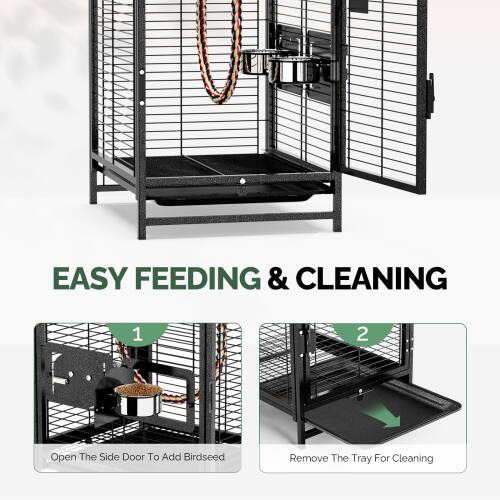 EASY FEEDING & CLEANING

1. Open The Side Door To Add Birdseed
2. Remove The Tray For Cleaning