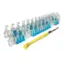 The image features a collection of blue glass beakers and a yellow tool, possibly a wrench, placed next to them. The beakers are arranged in a row, with some of them being filled with blue liquid. The yellow tool is positioned to the right of the beakers, indicating that it may be used for cleaning or maintenance purposes. The overall scene suggests that the beakers are being prepared for use or are being cleaned.